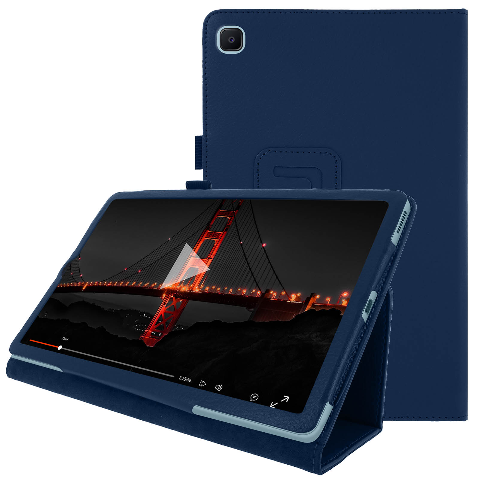 Custodia blu per tablet con tablet all'interno e vista di un ponte rosso sullo schermo.