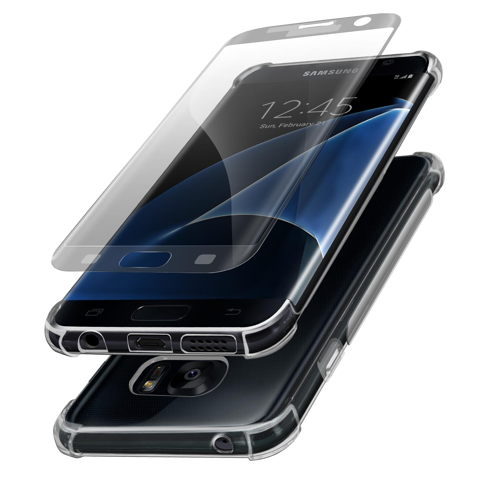 Telefono con protezione schermo e custodia. La protezione è sullo schermo e la custodia sotto.