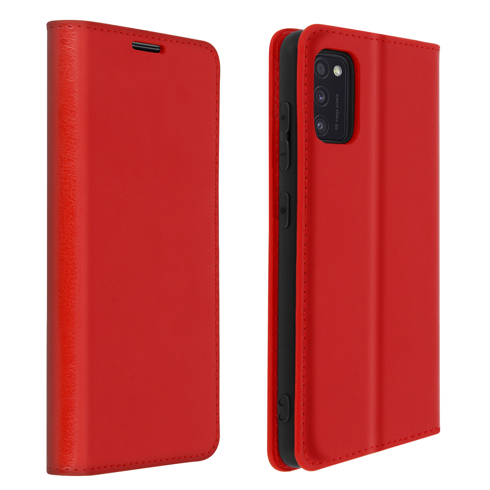 Coque de téléphone en cuir rouge, fermée et ouverte. Montre le téléphone et l'arrière.