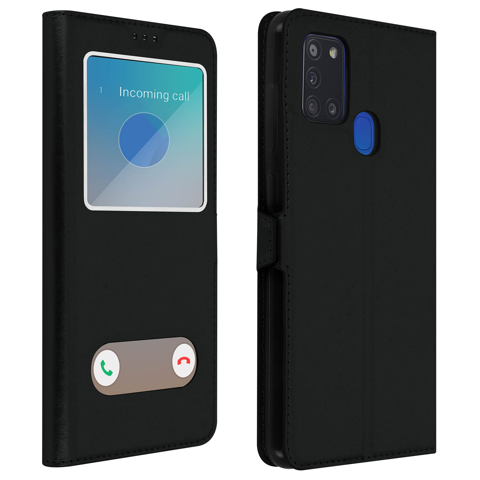 Coque de téléphone noire avec écran affichant une interface d'appel entrant. Côté droit : téléphone.