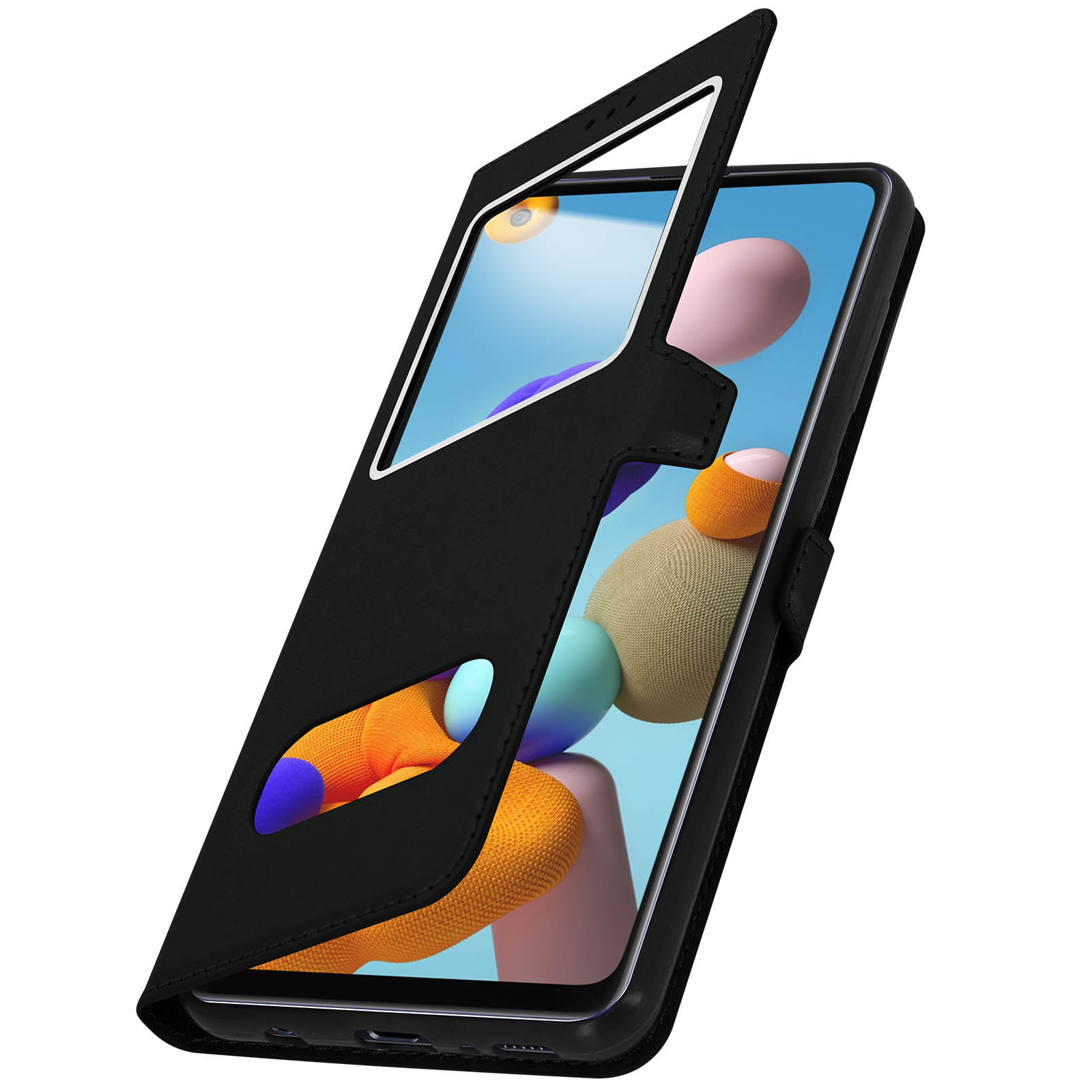 Un étui de téléphone noir avec une fenêtre transparente, montrant un écran avec des formes colorées.
