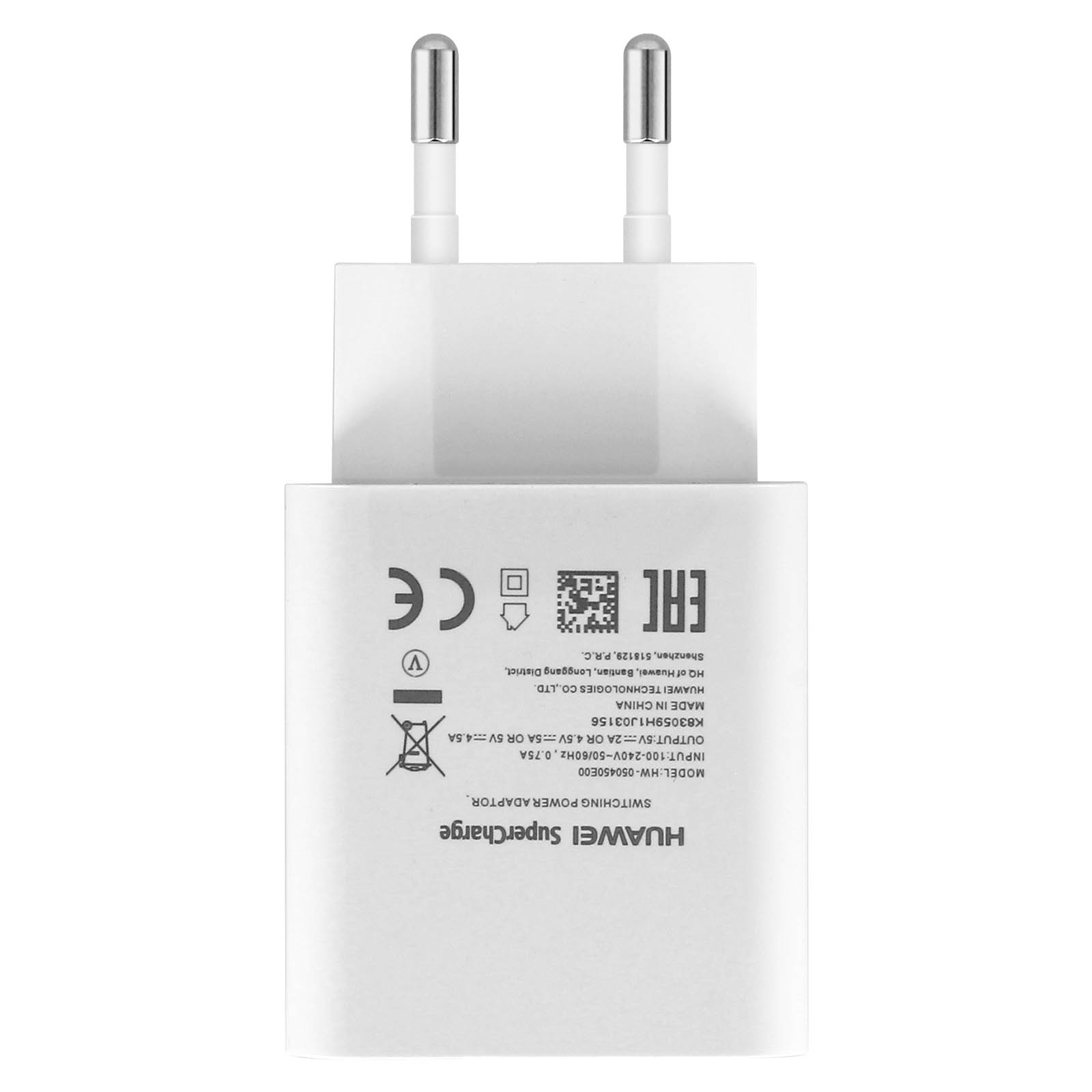 Chargeur Huawei blanc avec deux broches, texte et logos à l'avant, fond blanc.
