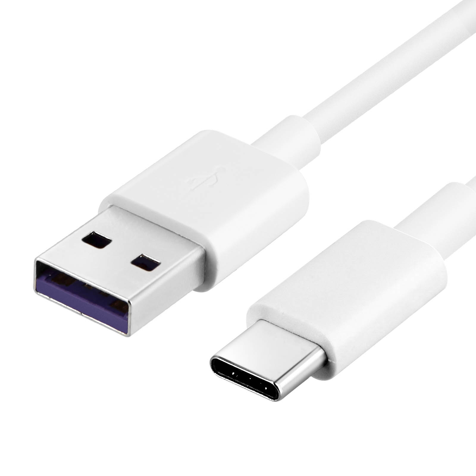 Un câble USB vers USB-C blanc avec un connecteur violet, isolé sur fond blanc.