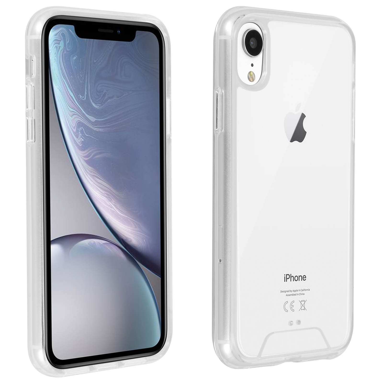 Due viste di un iPhone in una custodia trasparente. Il telefono è bianco con uno schermo nero.