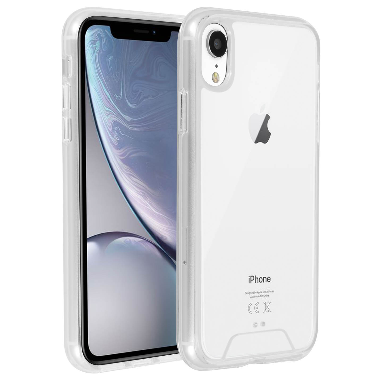 Custodia trasparente per iPhone su sfondo bianco. L'iPhone è visibile attraverso la custodia trasparente.