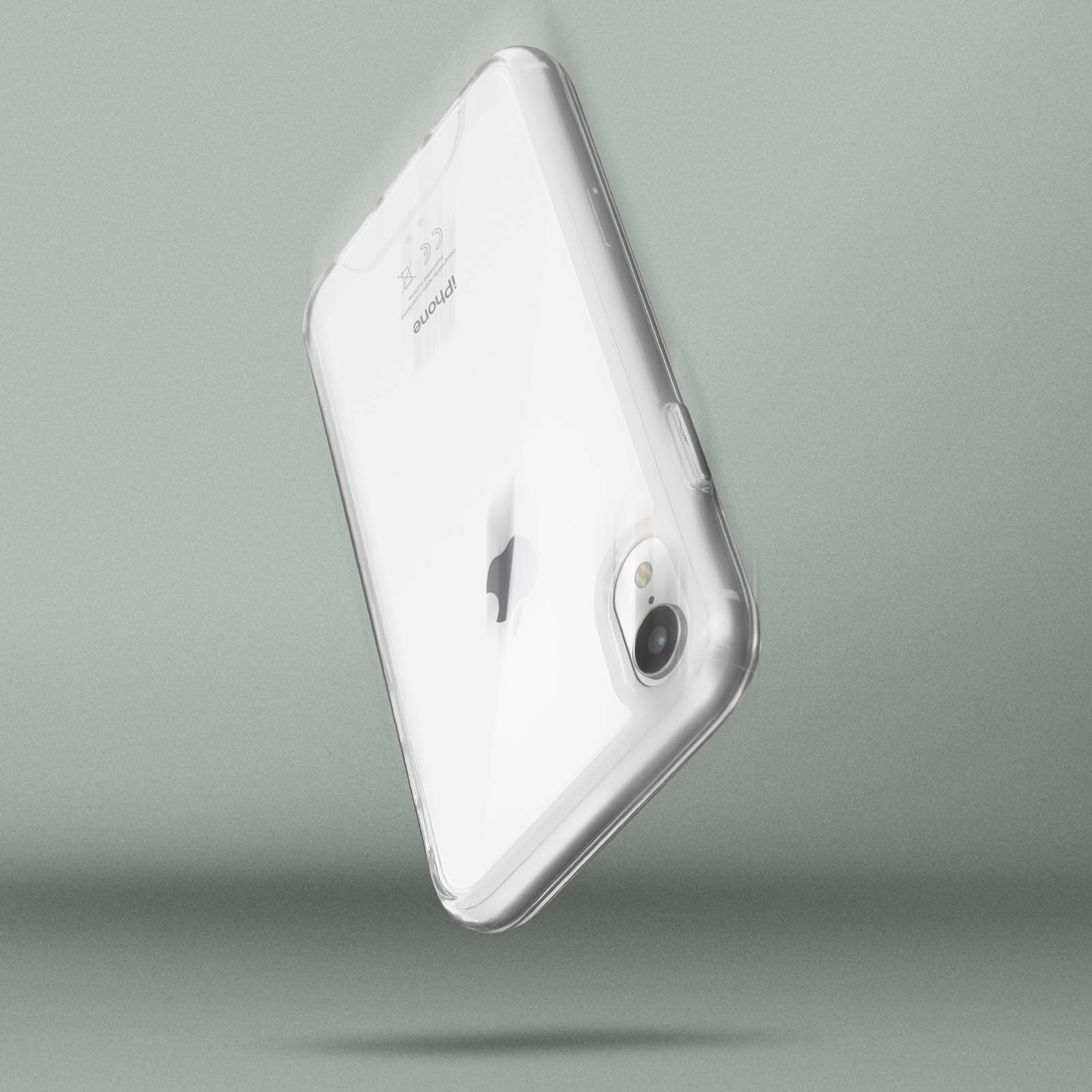Custodia trasparente con un iPhone all'interno, angolato, che mostra il logo e la fotocamera del telefono.