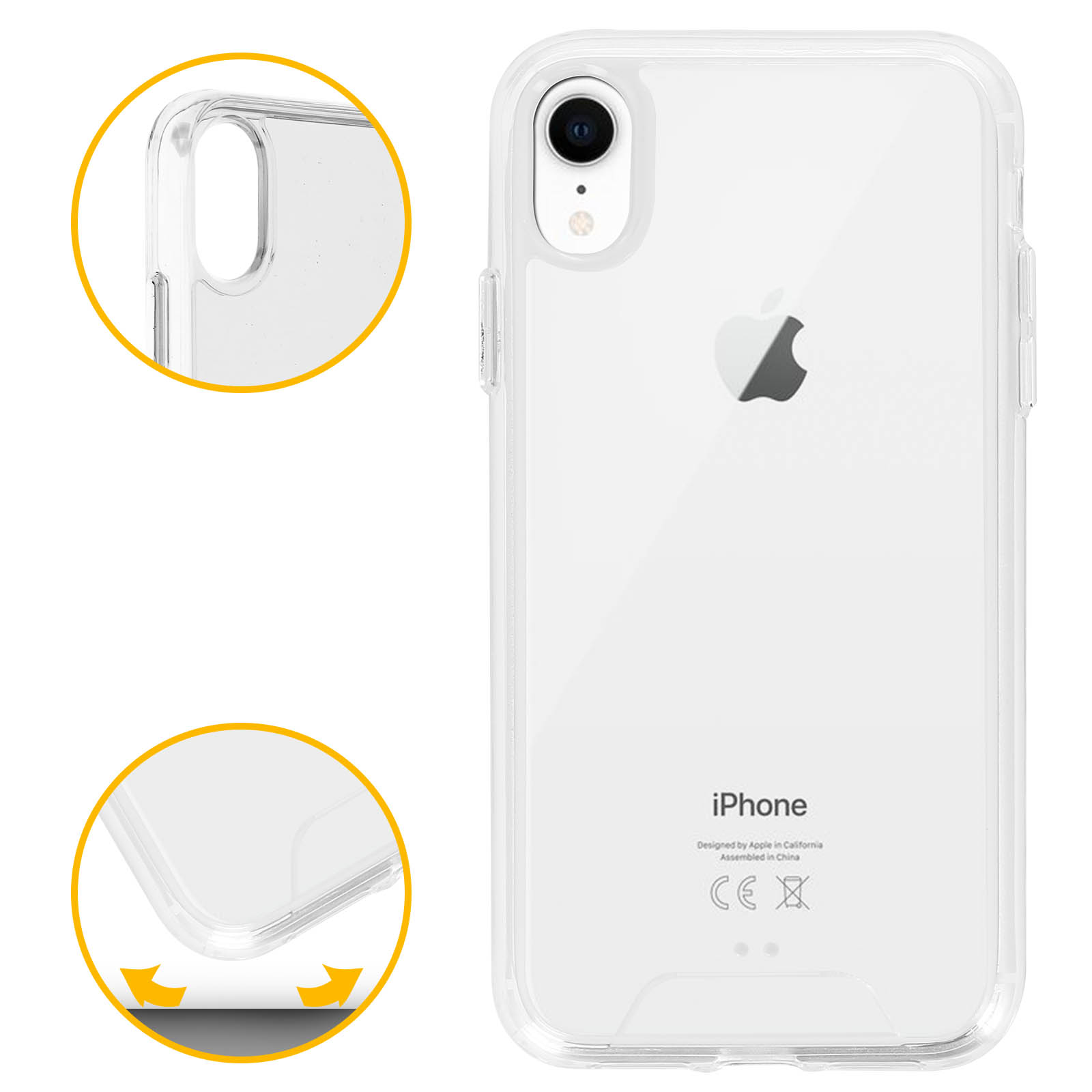 Una custodia trasparente per iPhone. Il retro del telefono è visibile, una custodia trasparente con un iPhone bianco all'interno.