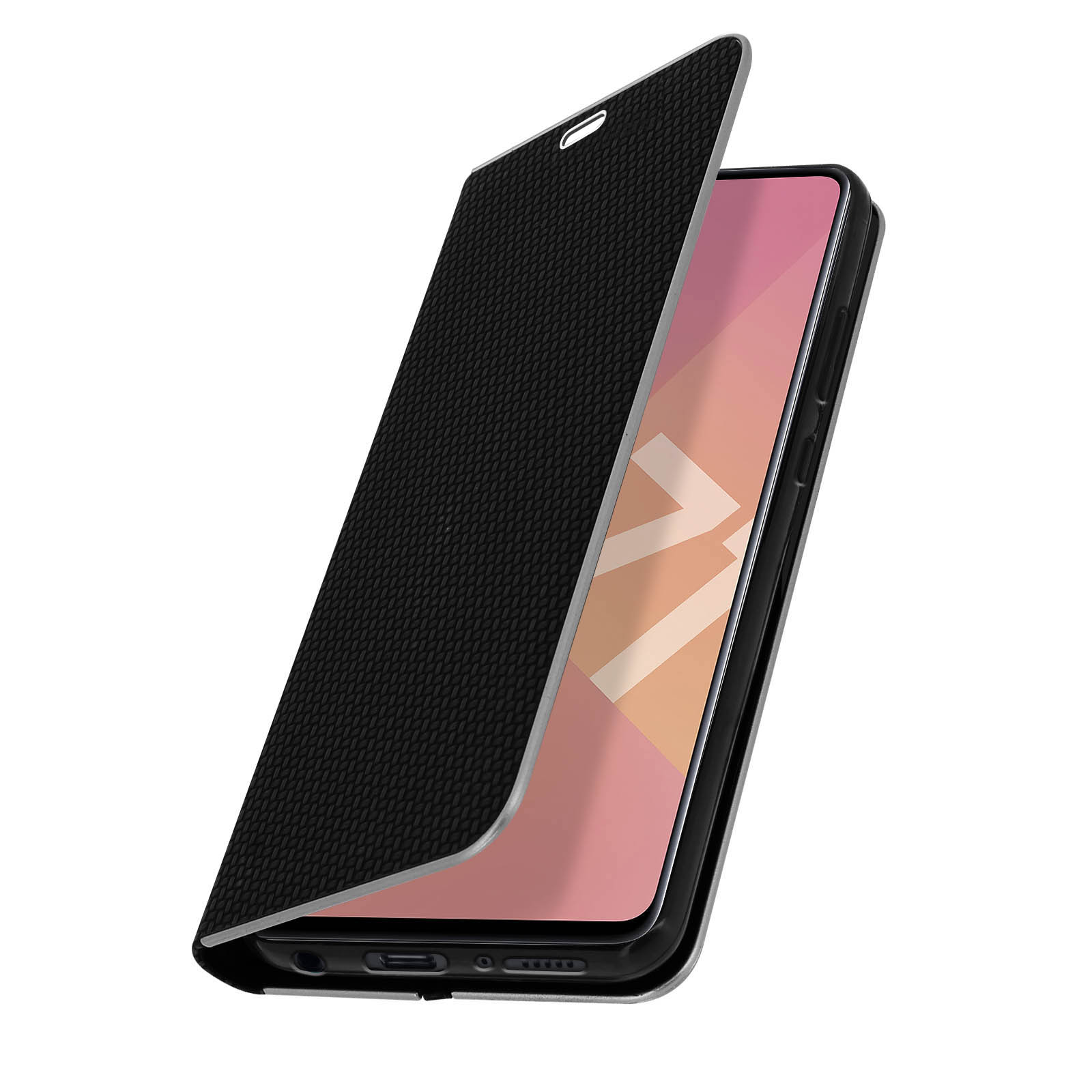 Custodia per tablet con una cover nera strutturata, aperta per rivelare lo schermo.