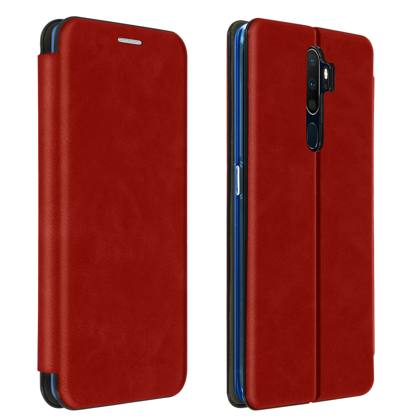 Custodia per telefono rossa in due viste. La custodia è chiusa e aperta, rivelando un interno blu e un telefono.
