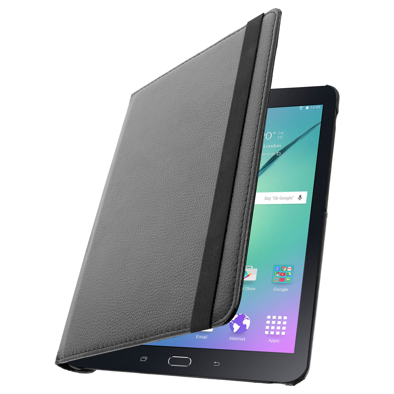 Un tablet nero in una custodia grigia, parzialmente aperto. Lo schermo mostra l'ora e le icone.