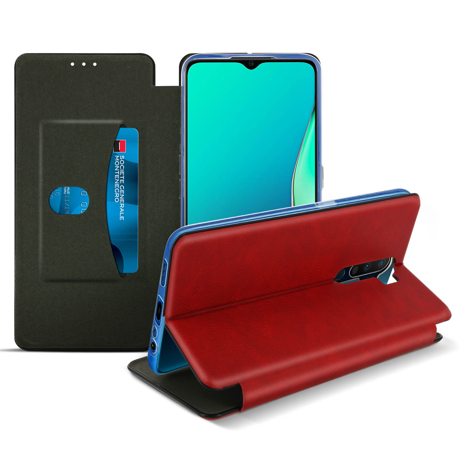 Una custodia per telefono con un telefono all'interno. La custodia è rossa e ha uno slot per schede.