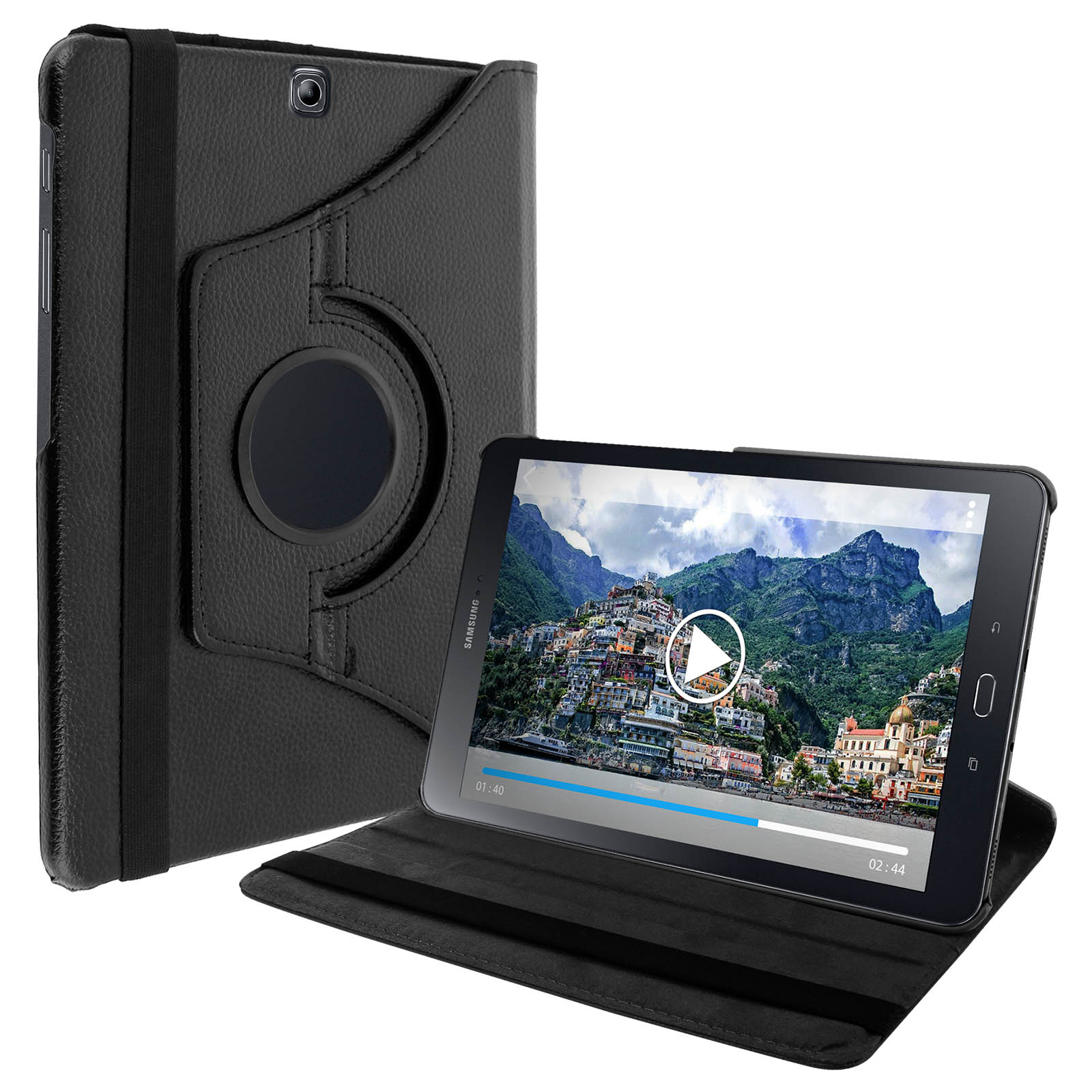 Tablet nero in una custodia nera. Il tablet mostra un video con un pulsante di riproduzione. Sfondo bianco.