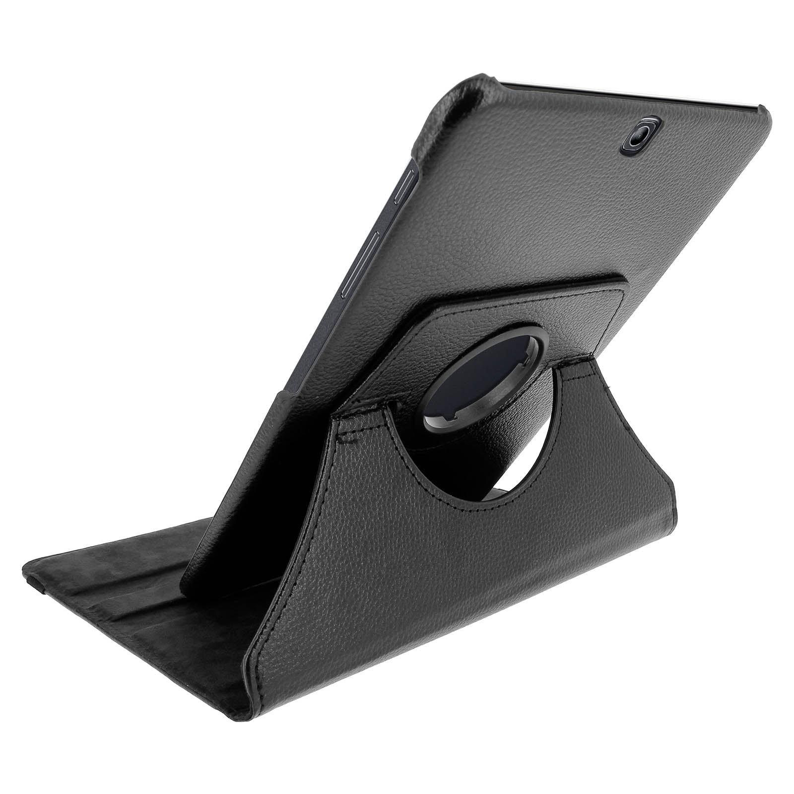 Custodia nera per tablet che può stare in piedi con un anello rotante per il supporto.