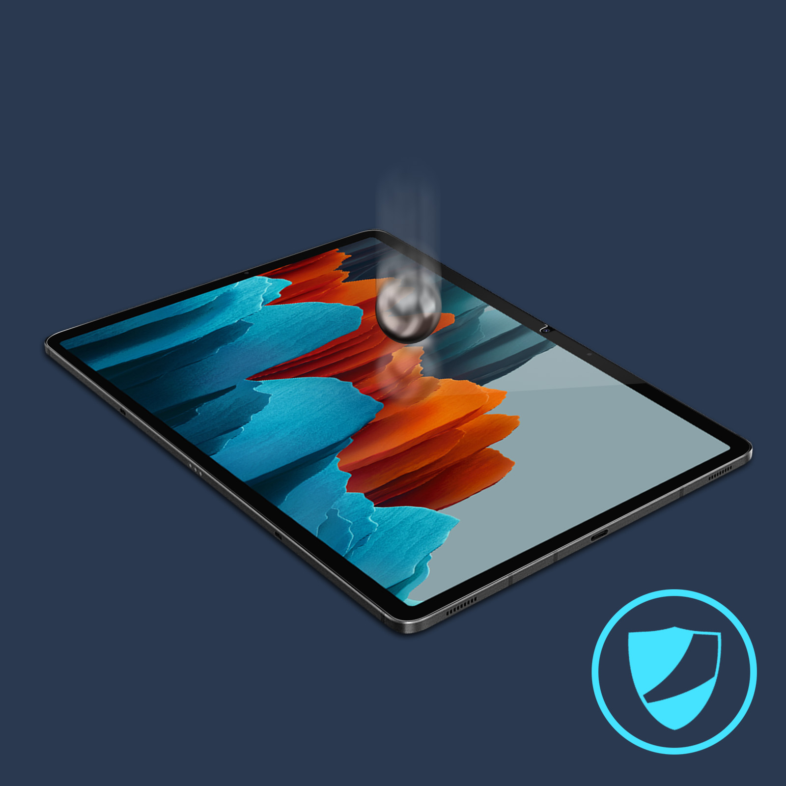 Tablet met een gebarsten schermbeschermer, met een schildpictogram op blauw.