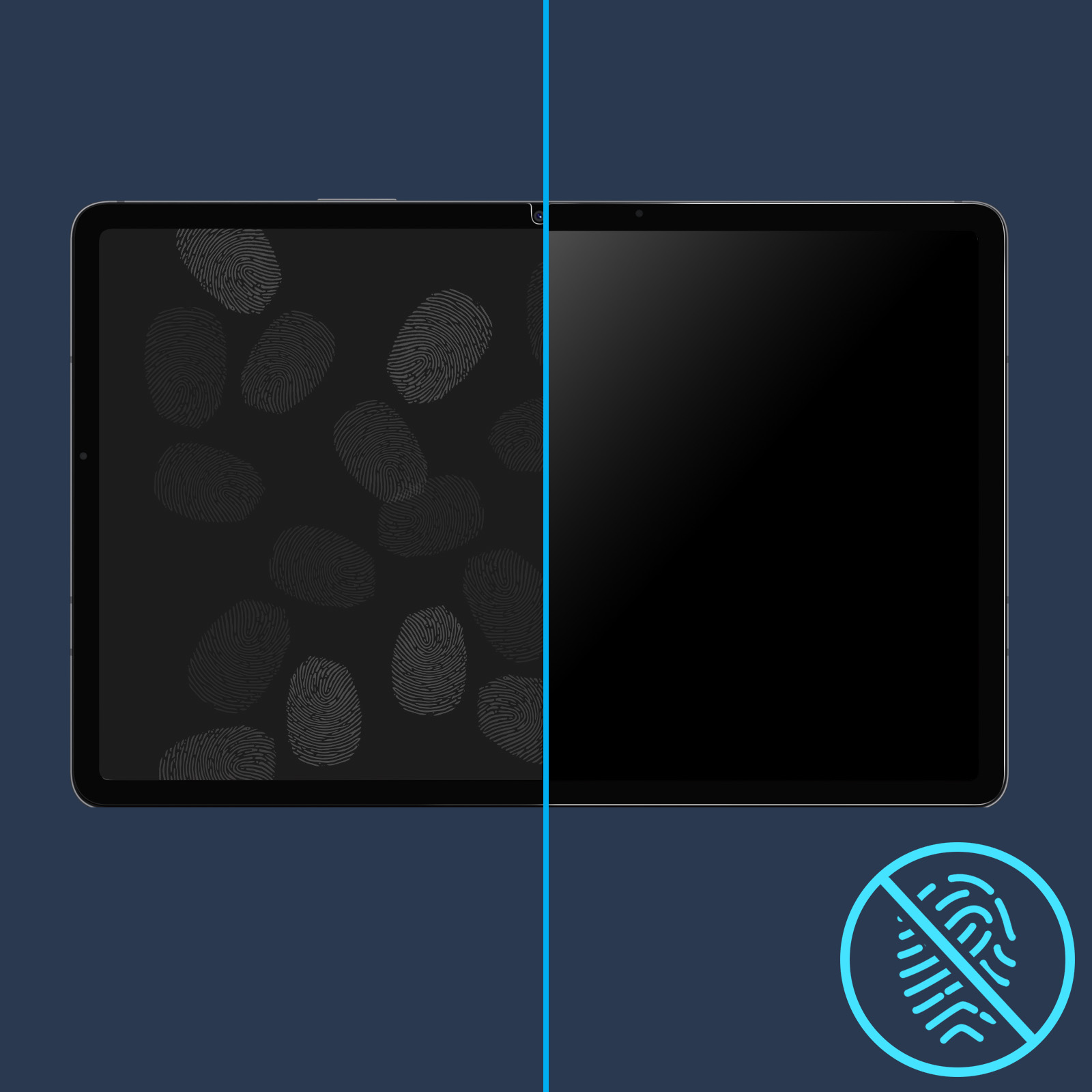 Tabletscherm met vingerafdrukken links en schoon rechts. Geen vingerafdruk-icoon.