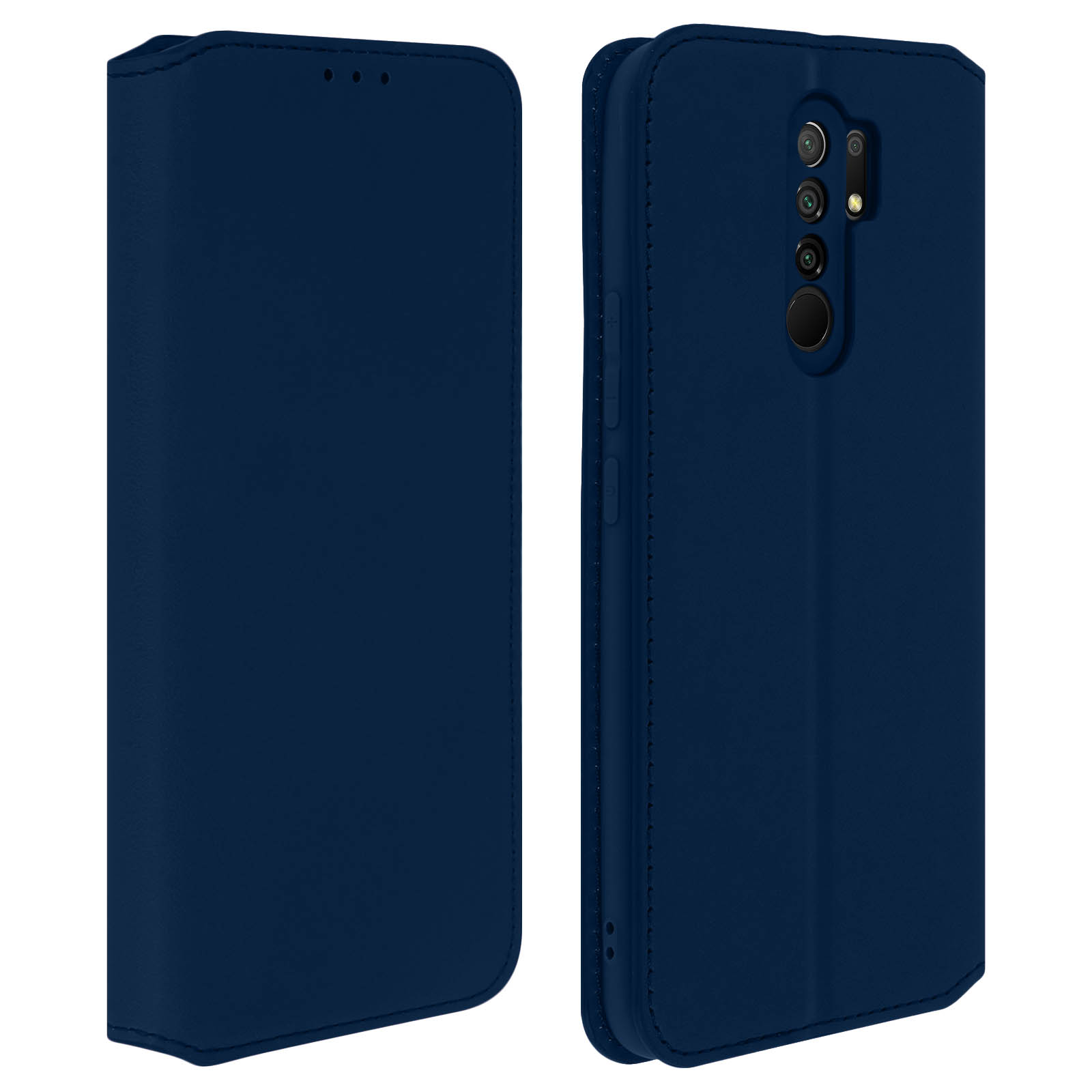 Coque de téléphone bleu marine, fermée à droite, ouverte à gauche, fond blanc.