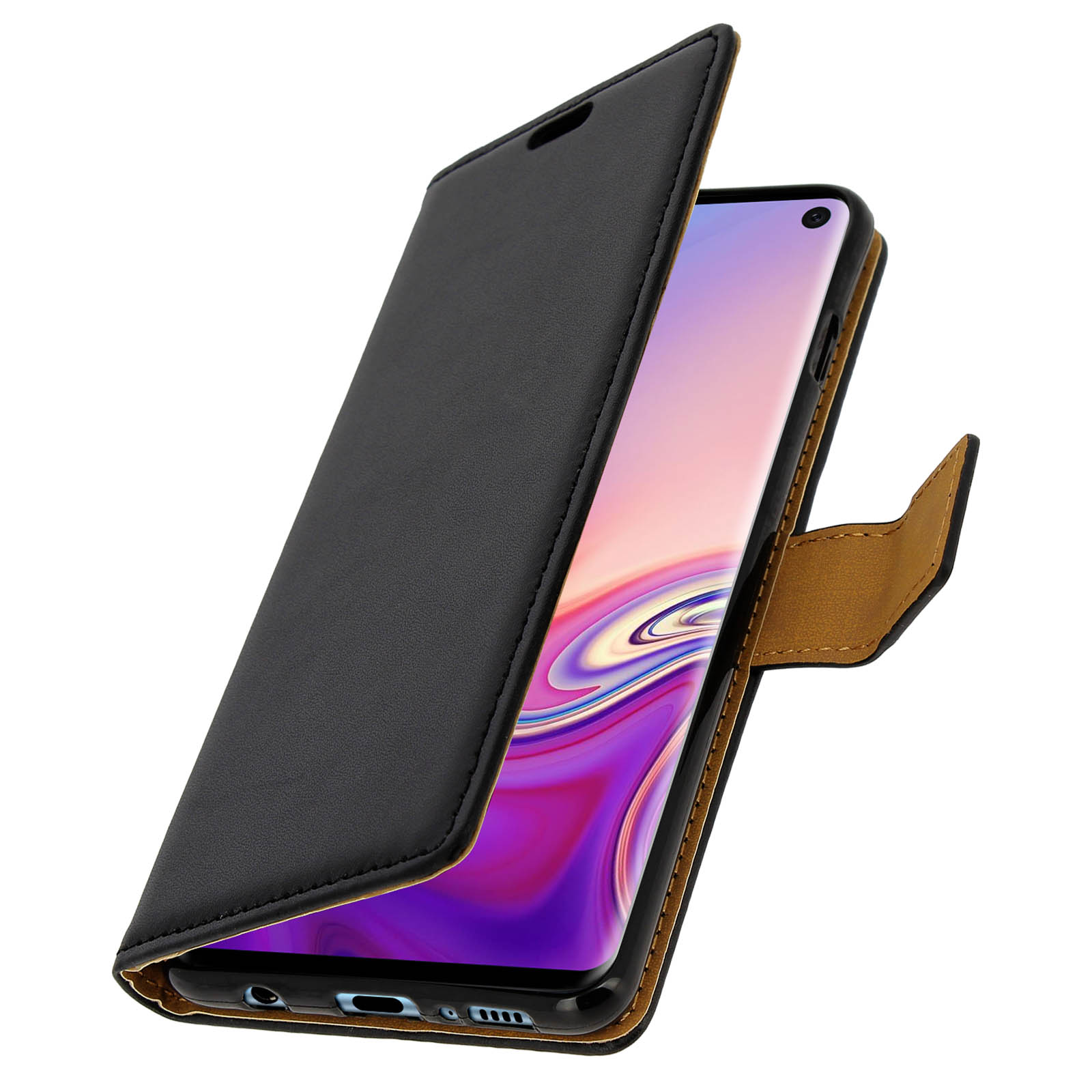 Custodia per telefono nera, aperta, che mostra lo schermo di un telefono con display viola.