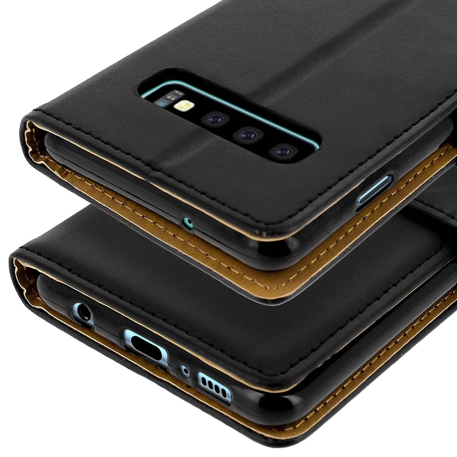 Una custodia per telefono nera, aperta, con un telefono all'interno. La custodia ha un bordo dorato.