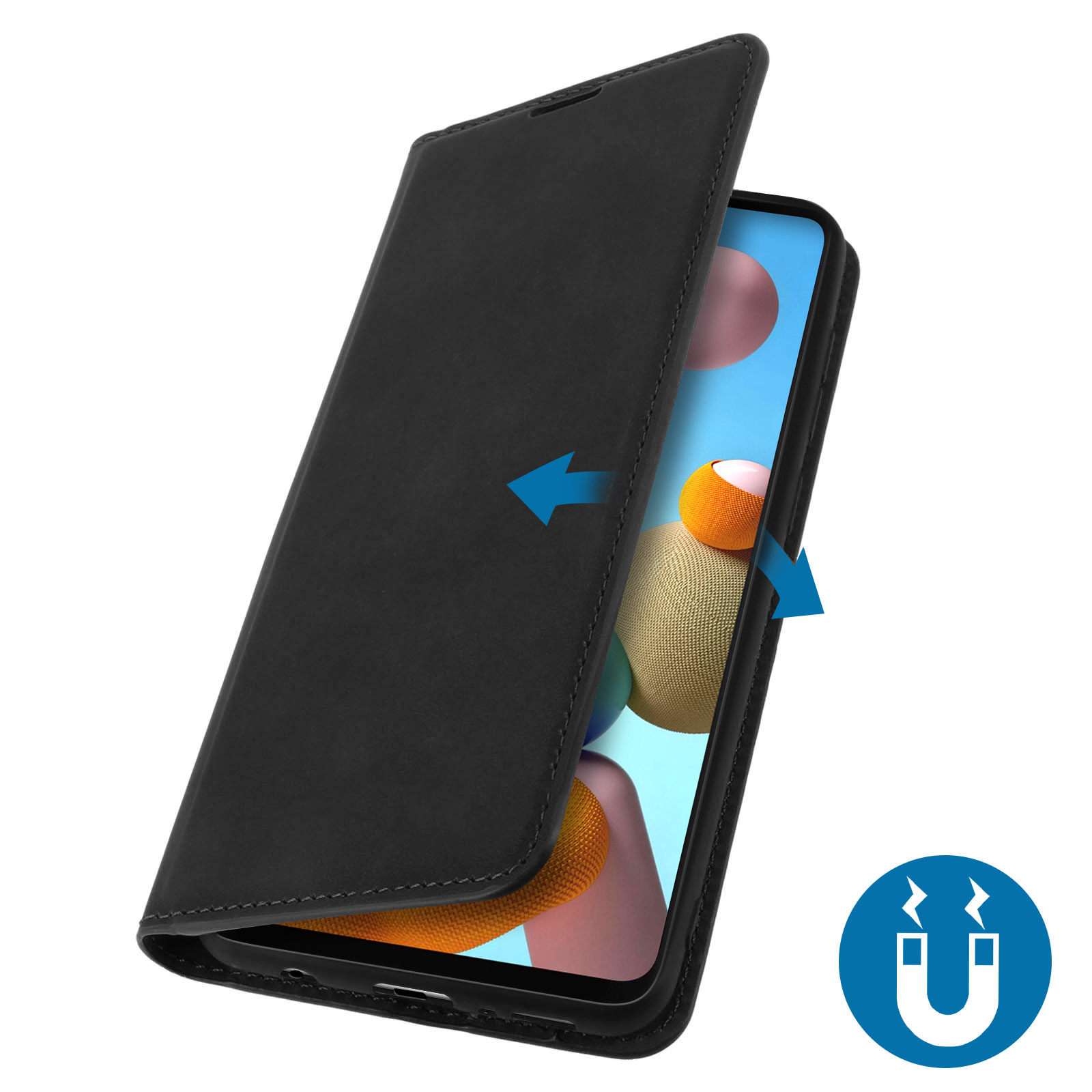 Custodia per telefono nera aperta, mostra lo schermo del telefono. Frecce blu indicano l'apertura. Sfondo bianco.