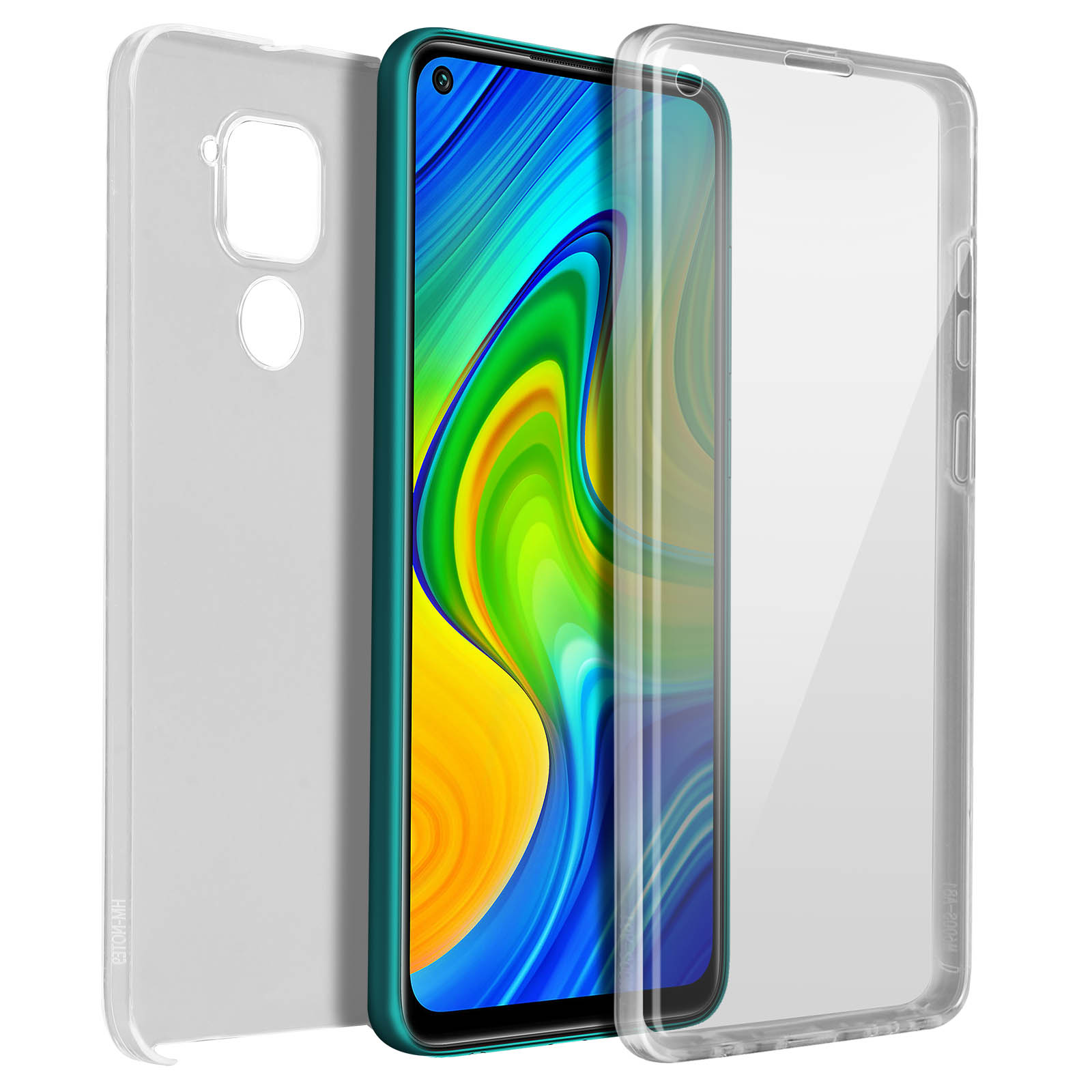 Un téléphone avec une coque transparente sur fond blanc.