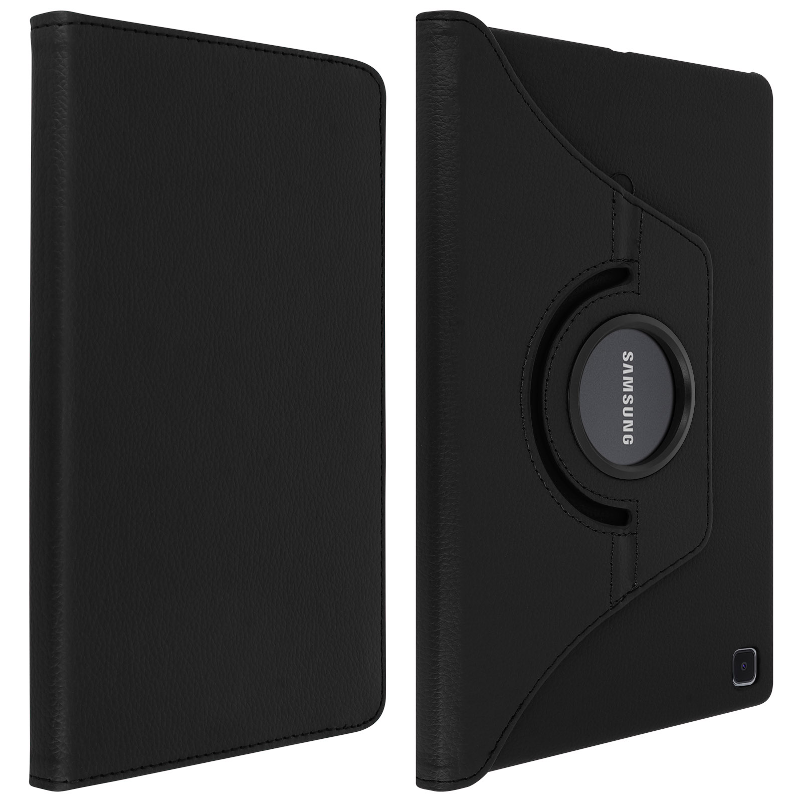 Una custodia per tablet nera. Un lato chiuso, l'altro aperto che mostra un tablet. Sfondo bianco.