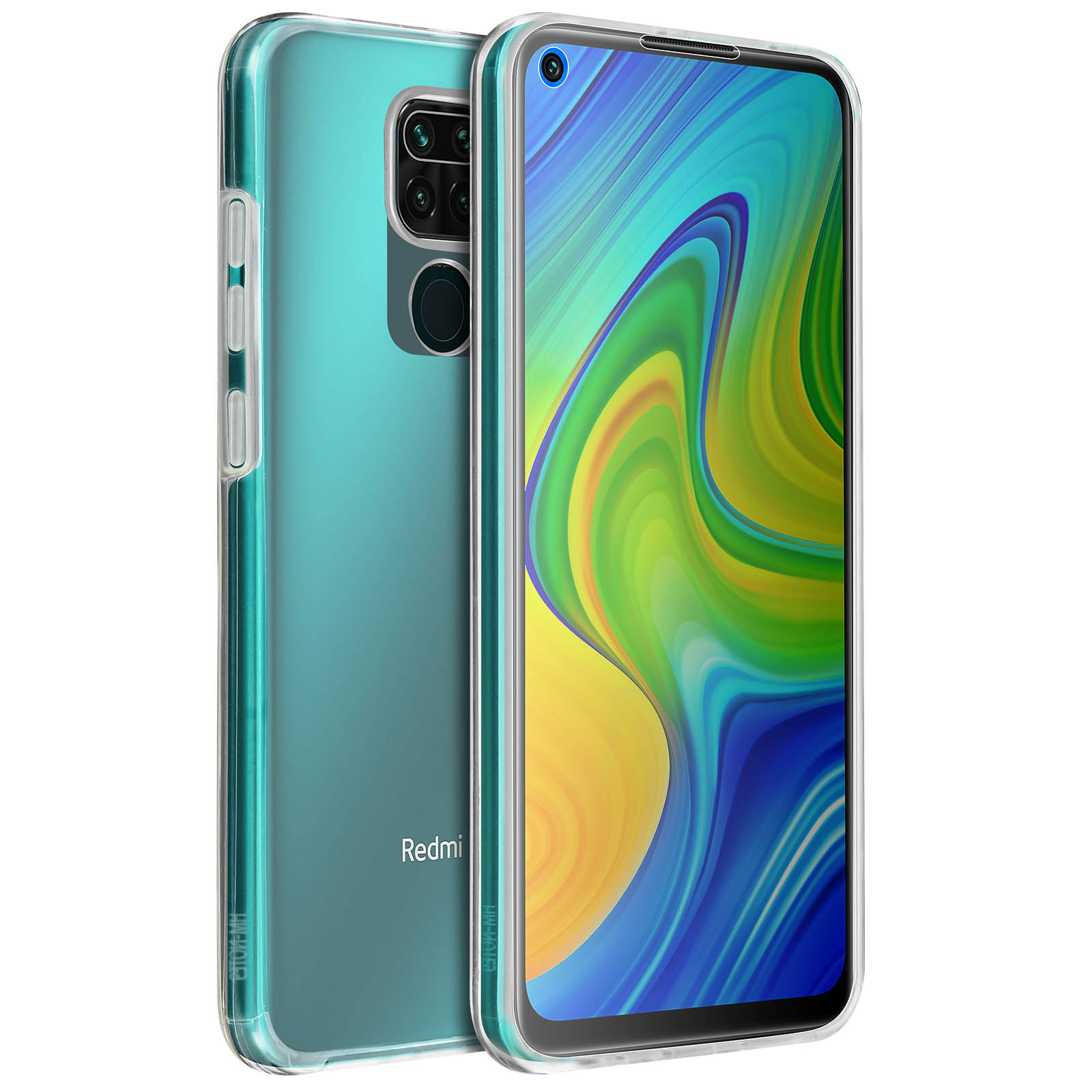 Deux téléphones dans des étuis. Un étui de téléphone vert et un téléphone dans l'étui. Fond blanc.