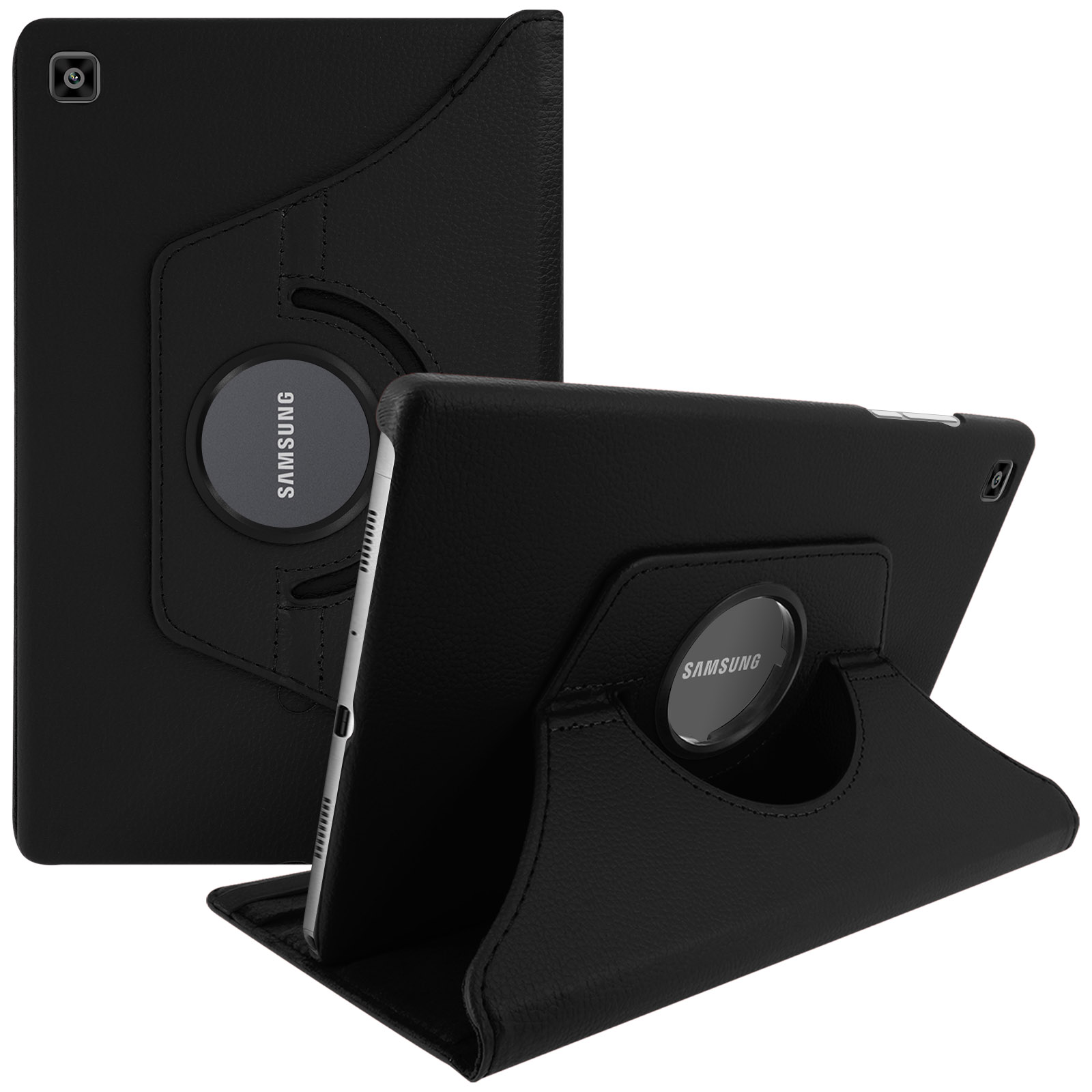 Custodia per tablet in pelle nera. Tablet all'interno, con logo Samsung sul supporto.