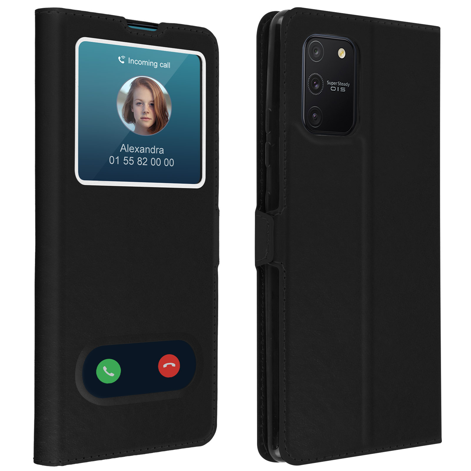 Étui de téléphone noir avec écran d'appel entrant. Photo d'une femme et numéro de téléphone.