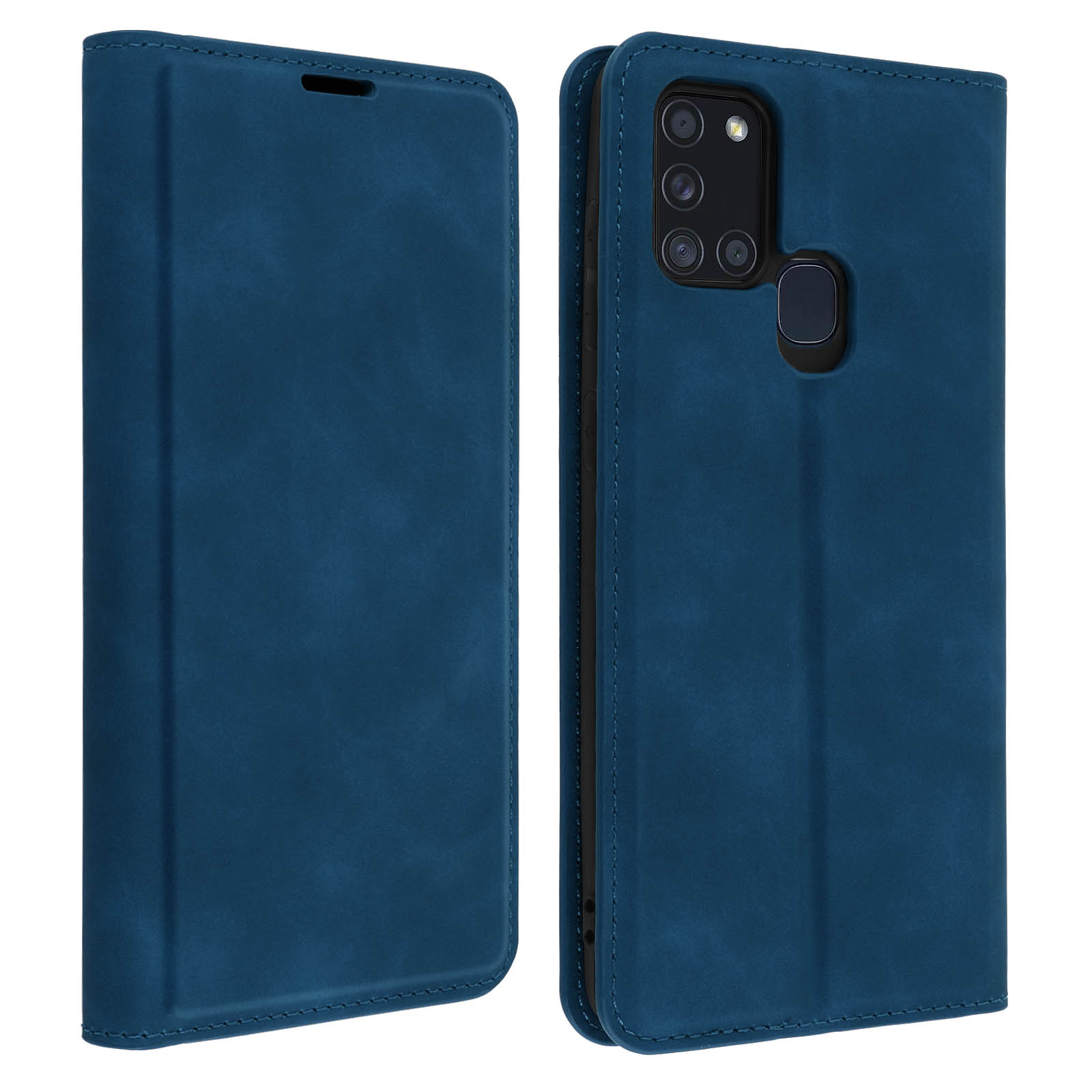 Custodia blu per telefono, aperta. La custodia protegge un telefono. Vengono mostrate due immagini da diverse angolazioni.