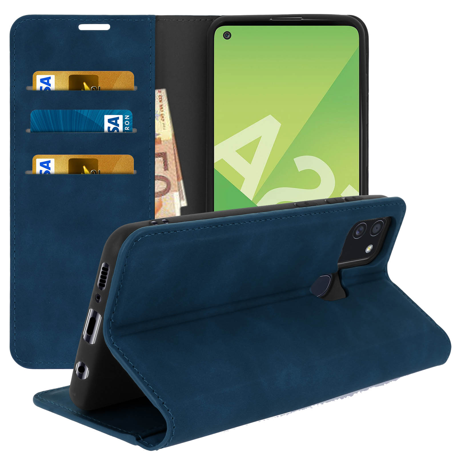 Una custodia blu per telefono con fessure per carte di credito e denaro, con un telefono all'interno.