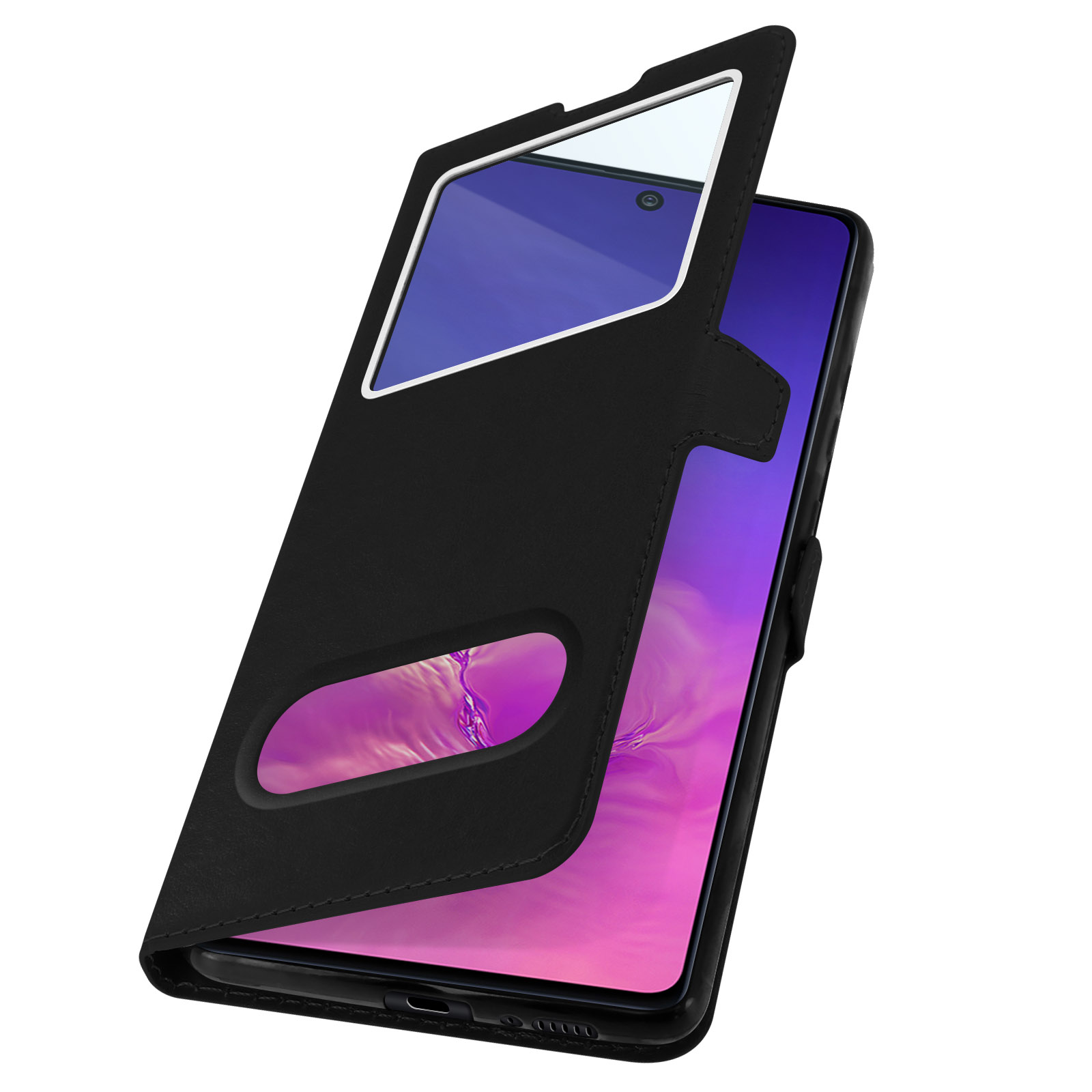 Un étui de téléphone noir avec un téléphone à l'intérieur, ouvert, affichant un écran de téléphone.