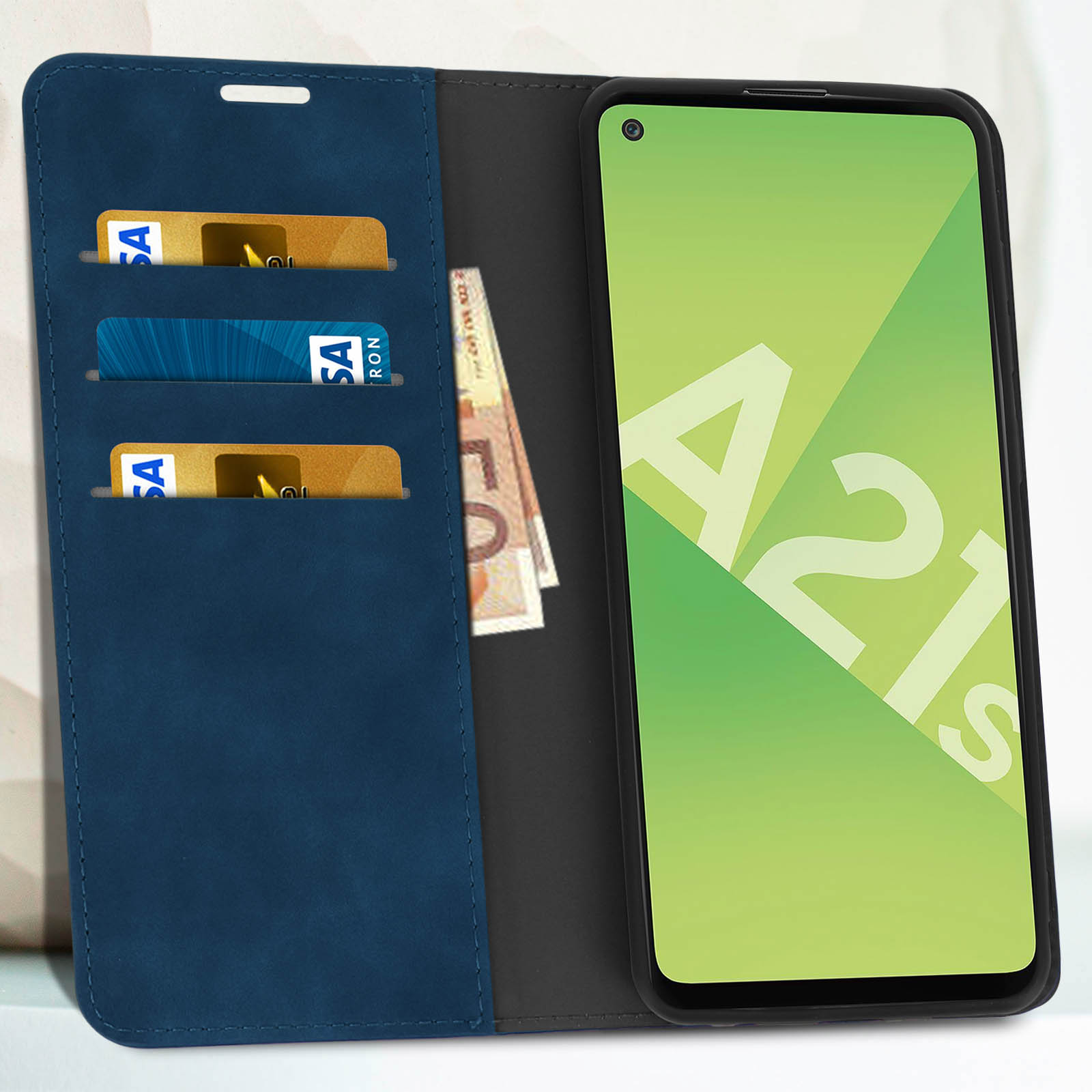 Custodia blu per telefono con carte e contanti. Schermo mostra testo A21s. Design elegante.