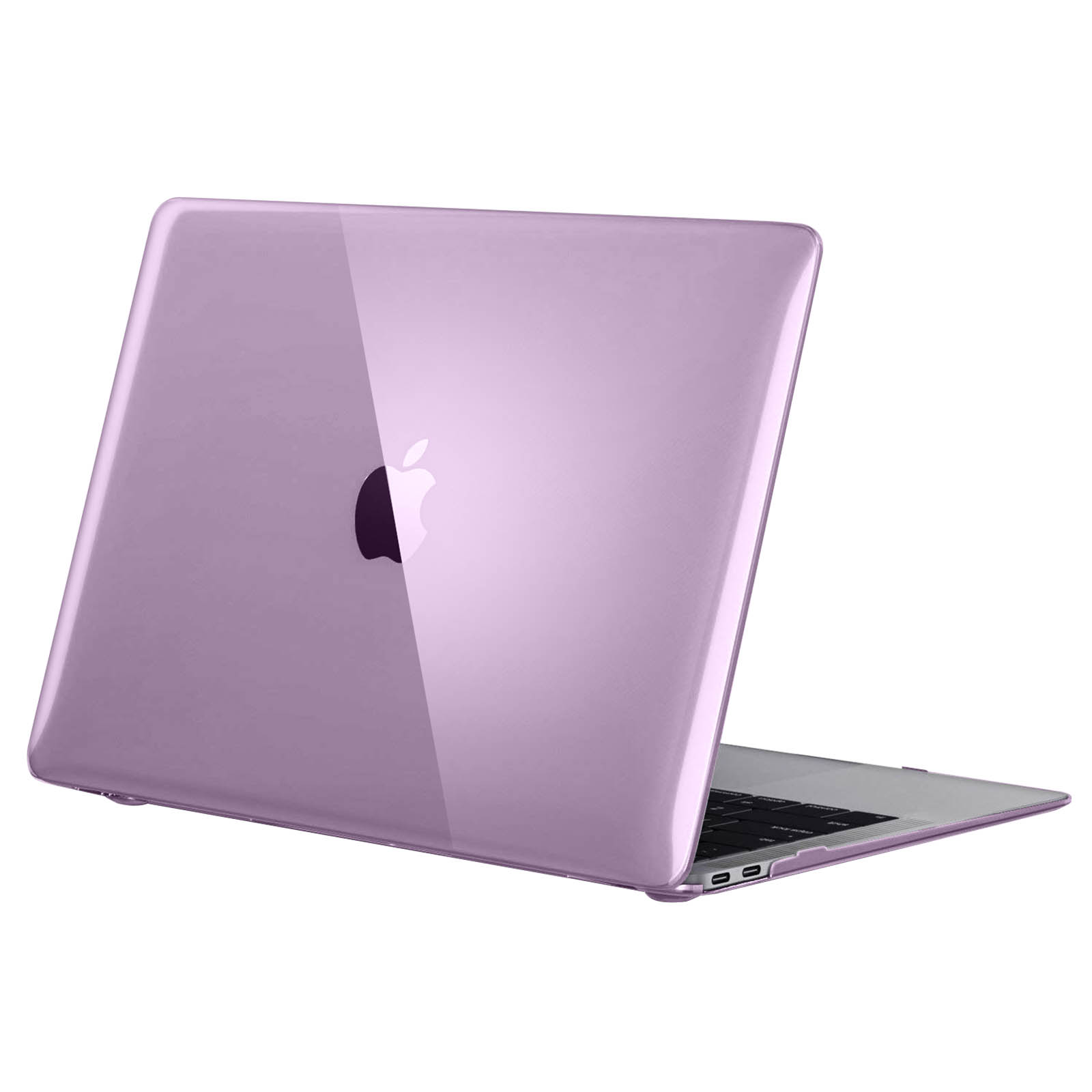 Coque de téléphone violette avec logo Apple, conçue pour Macbook, sur surface blanche.