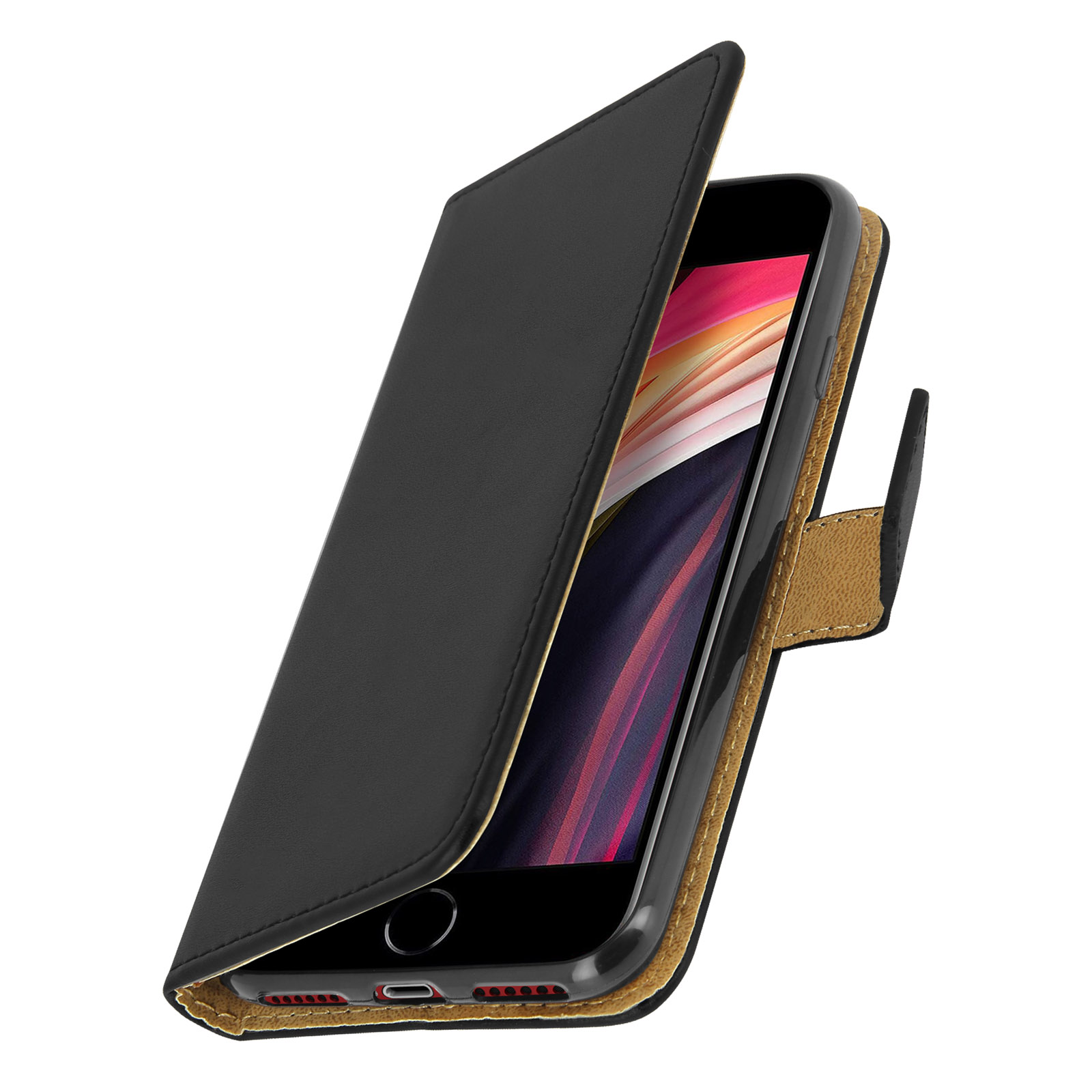Custodia nera aperta, che tiene un telefono. Interno marrone.
