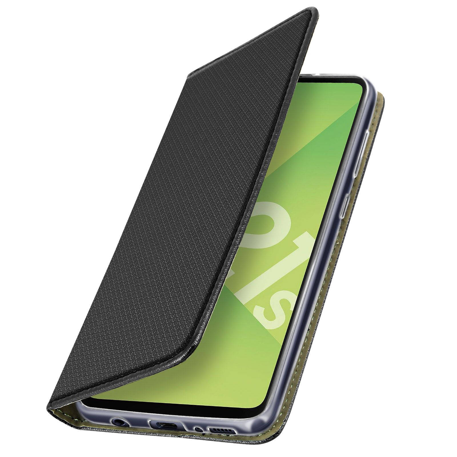 Un telefono in una custodia è aperto, mostrando lo schermo. Il telefono ha una custodia nera con interno verde.