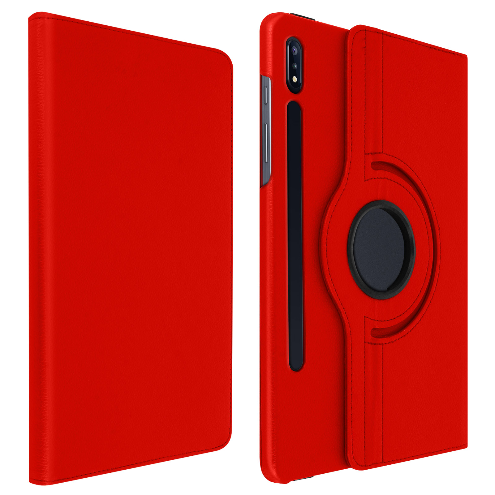 Una custodia rossa per tablet. La custodia è aperta, mostra il tablet e ha una cinghia per la mano.