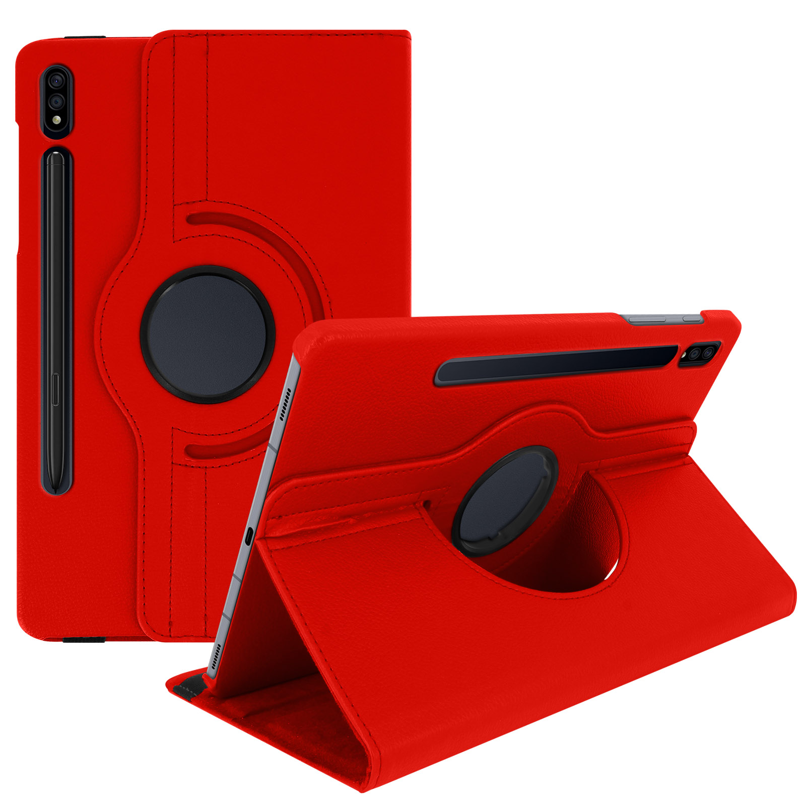 Custodia per tablet rossa, con tablet all'interno. La custodia può ruotare. Mostra viste anteriore e posteriore.