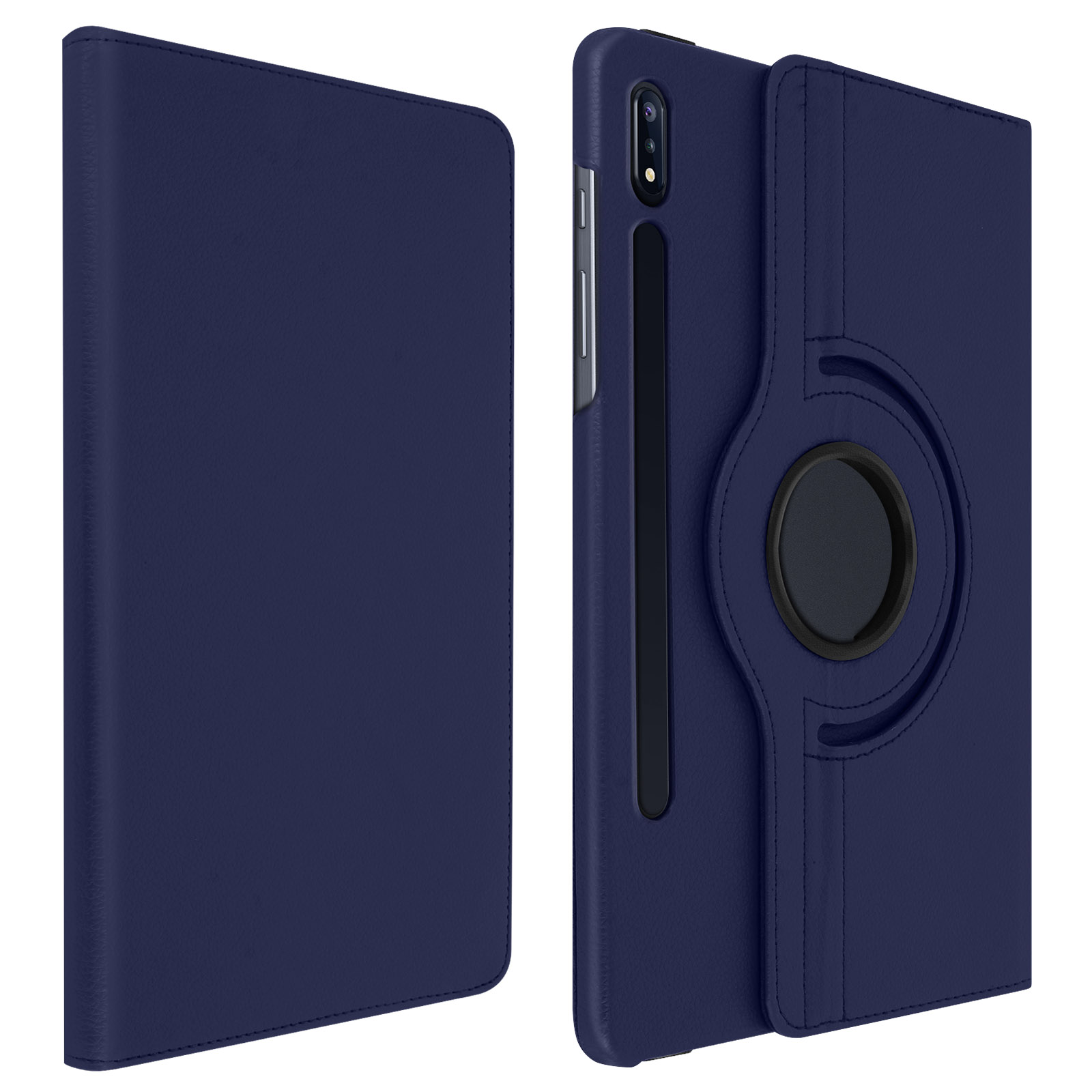 Custodia per tablet blu navy con anello rotante. La custodia è chiusa a sinistra.