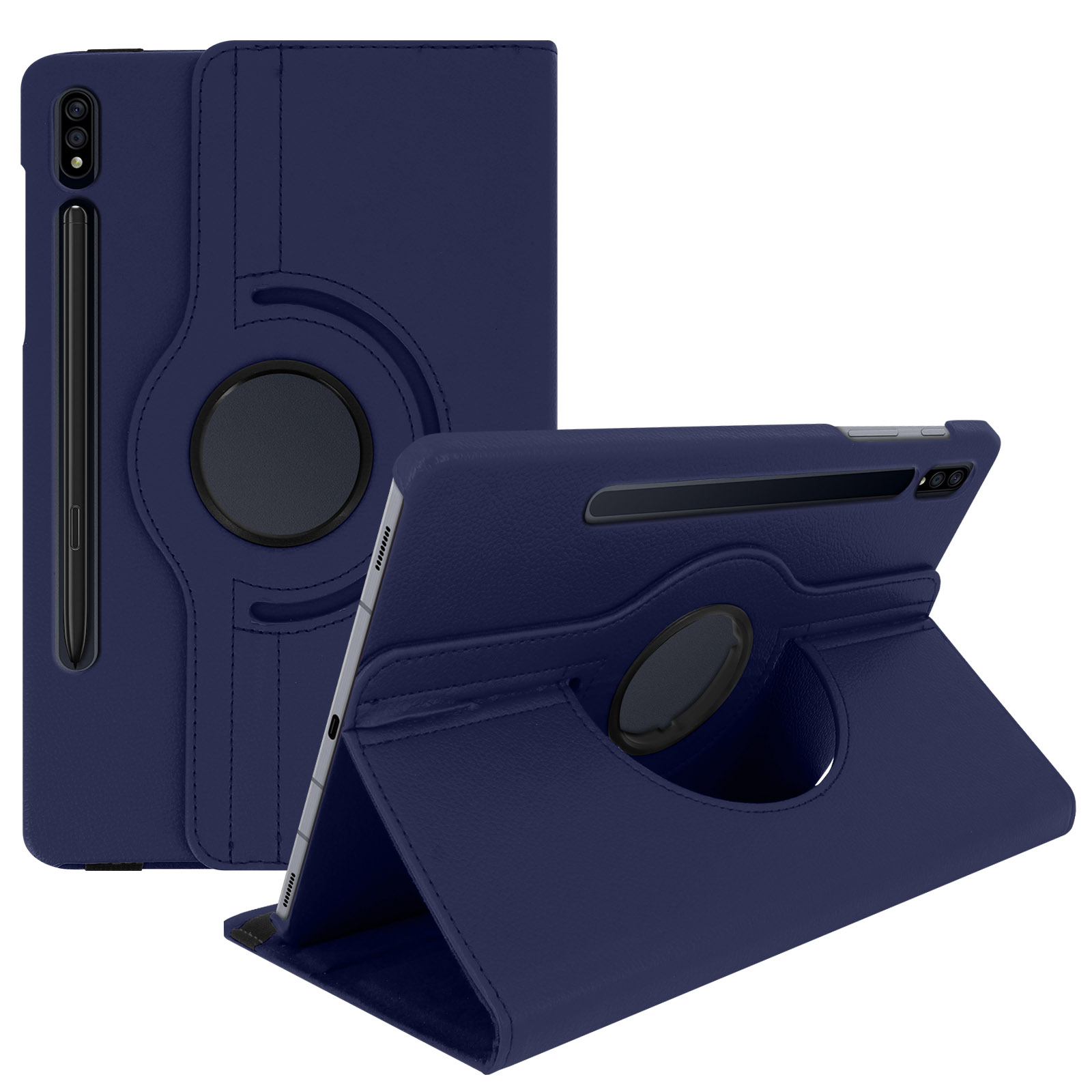 Una custodia blu per tablet, con una penna e un supporto girevole.
