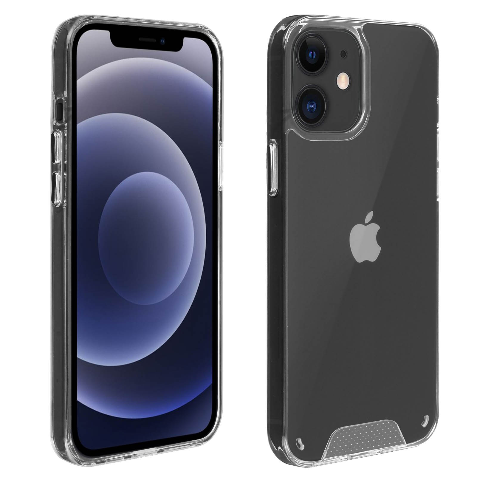 Una custodia trasparente per telefono su un telefono nero. Il telefono ha un logo Apple visibile sul retro.