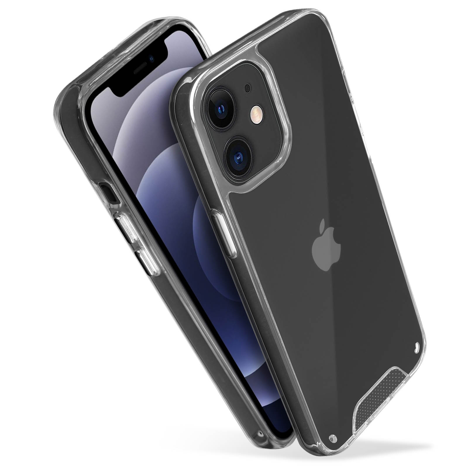 Due custodie trasparenti per telefono con un telefono all'interno. Logo Apple visibile.