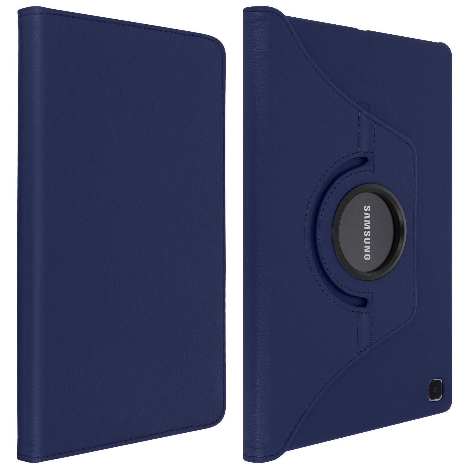 Custodia per tablet in pelle blu, chiusa e aperta con cerchio rotante. Sfondo bianco.