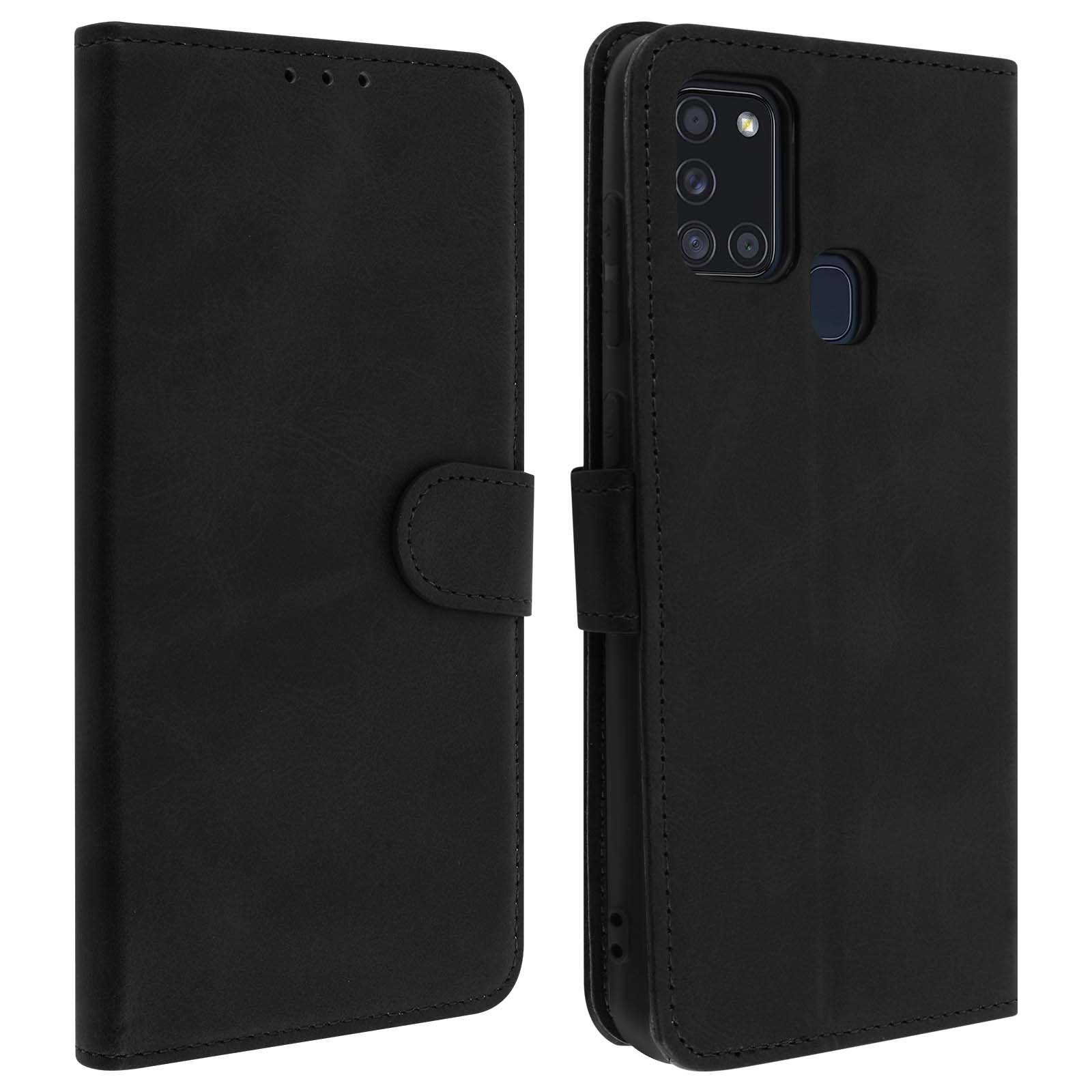 Étui de téléphone en cuir noir avec fermoir magnétique. À l'intérieur, il y a un téléphone.