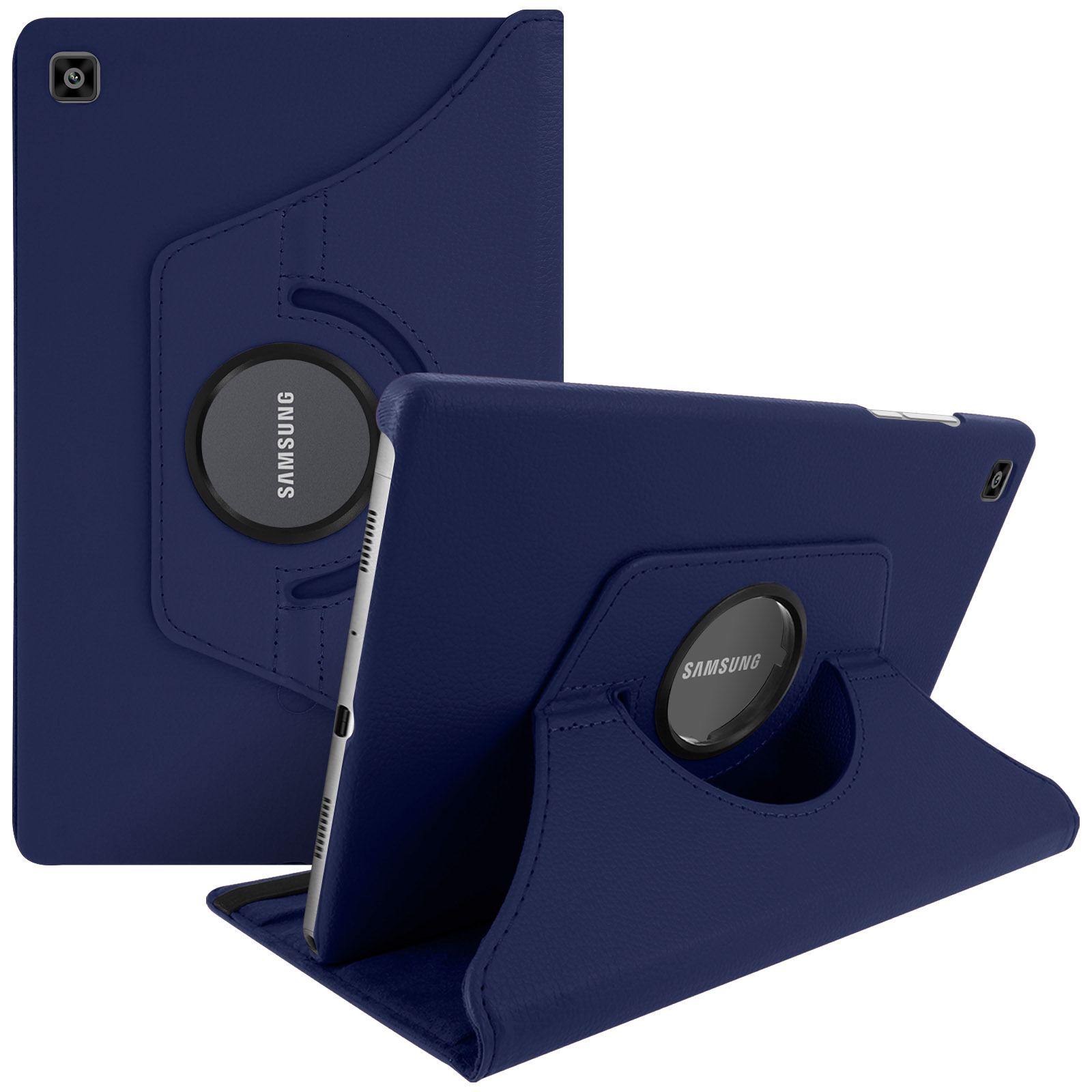 Una custodia blu per tablet con supporto. Lo sfondo è bianco.