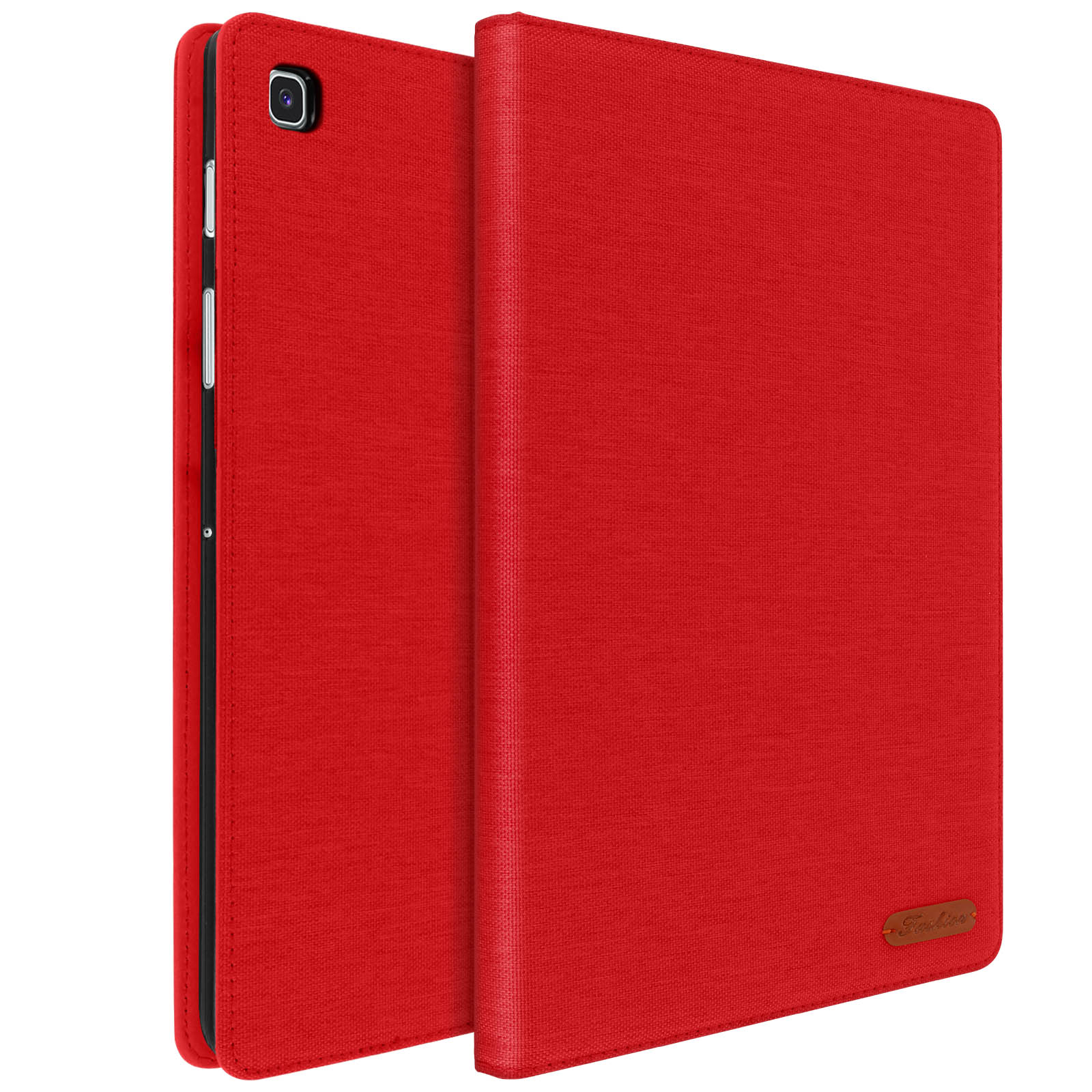 Una custodia rossa per tablet, due parti, su sfondo bianco.