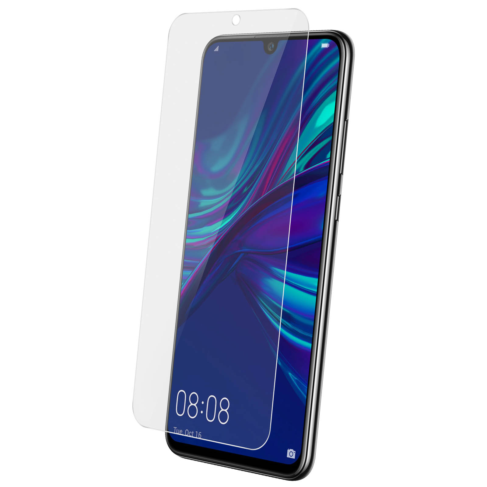 Un telefono con una protezione per lo schermo. Il telefono è nero. La protezione è trasparente.