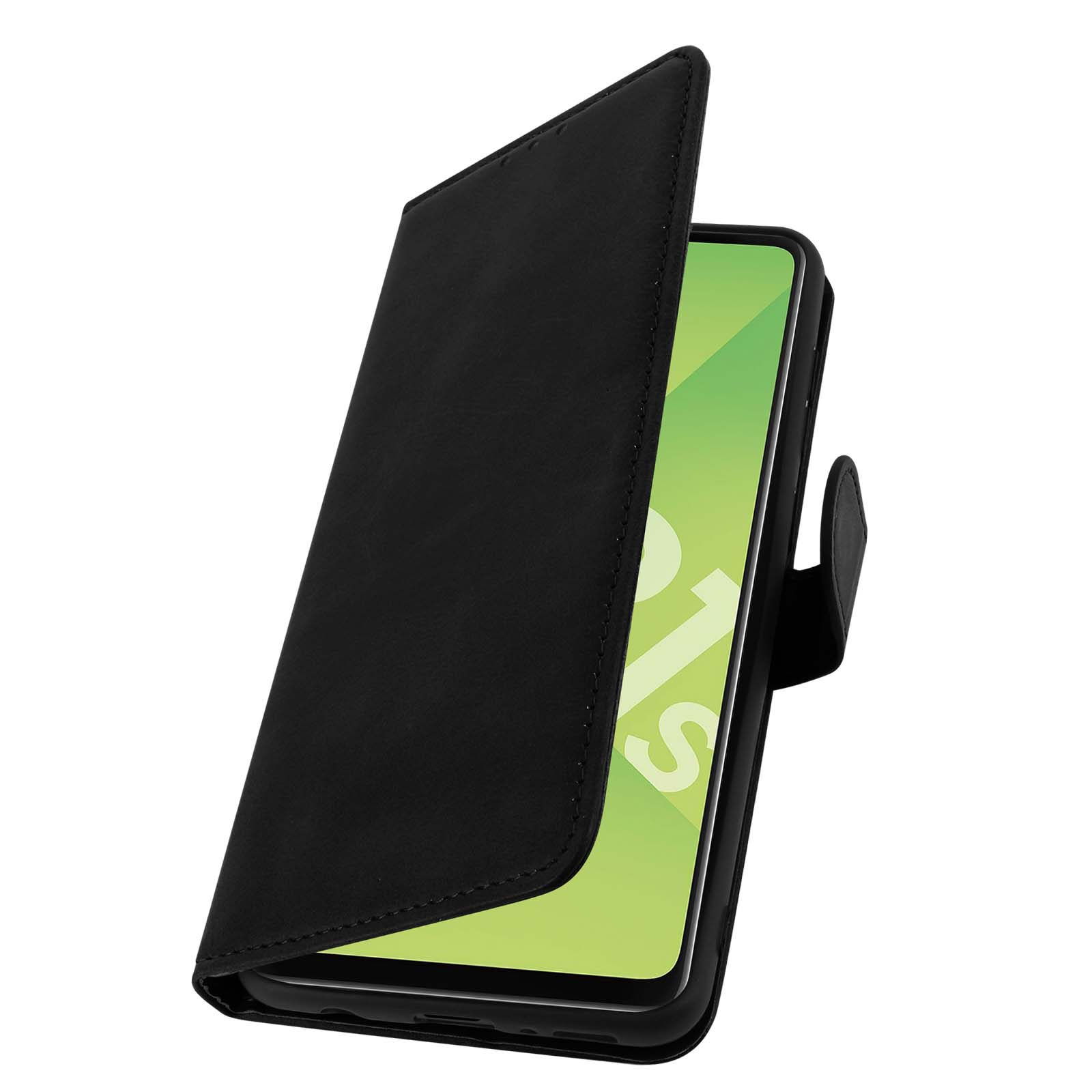 Een zwarte telefoonhoes met een telefoon erin, open, met een groen scherm.