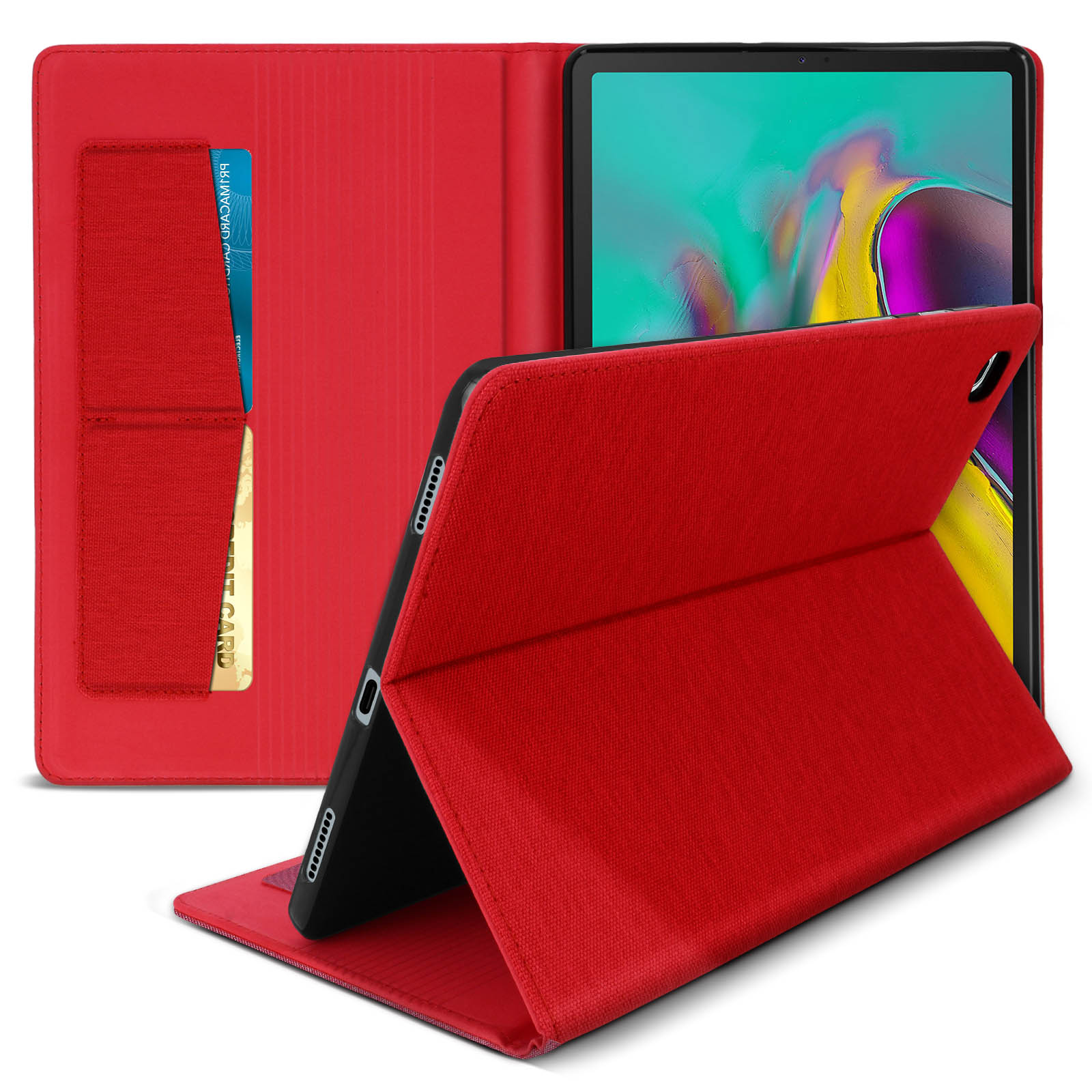Custodia per tablet rossa, aperta. Tablet all'interno. Carta di credito in tasca.