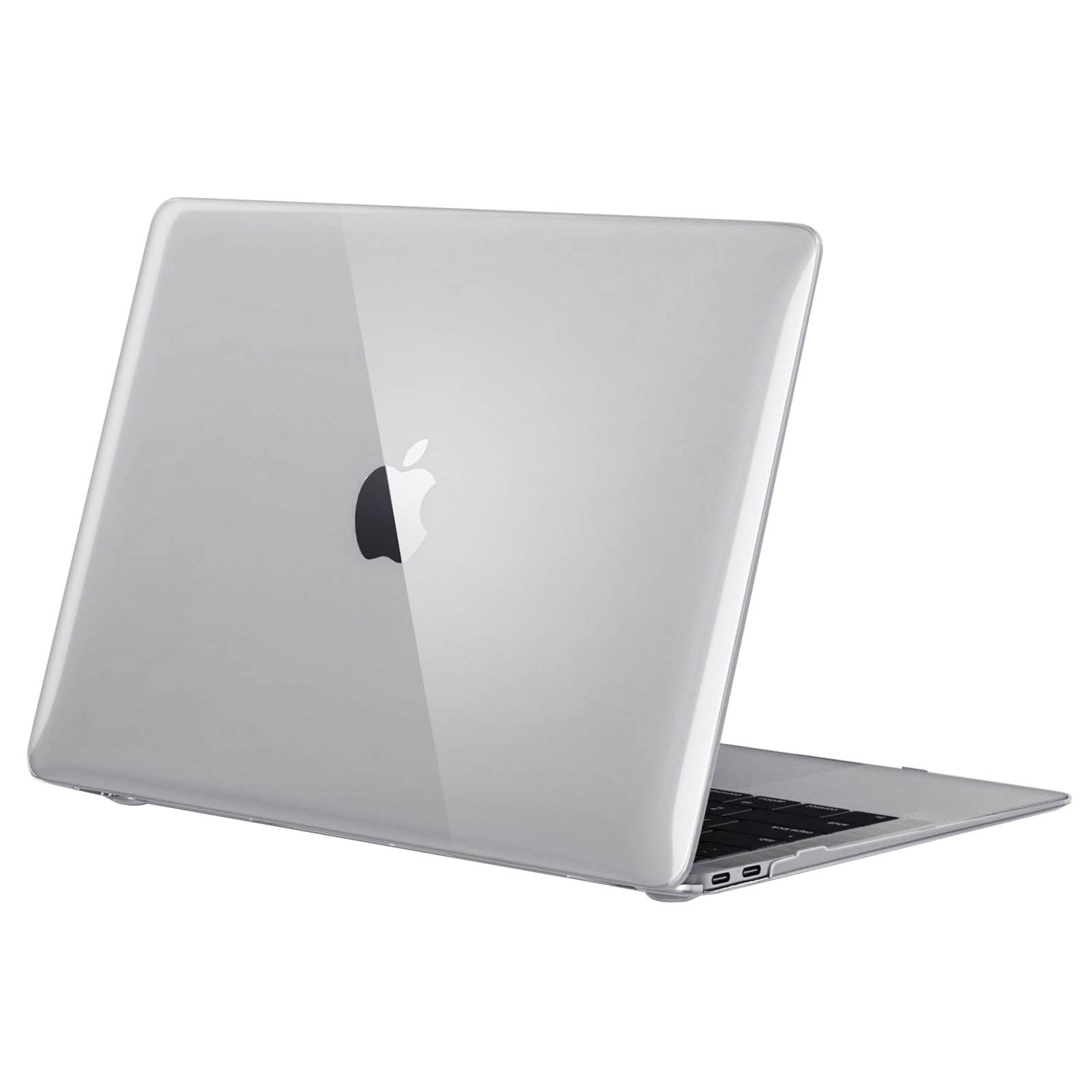 Un laptop argentato con il logo Apple. Su sfondo bianco, che mostra la parte posteriore.