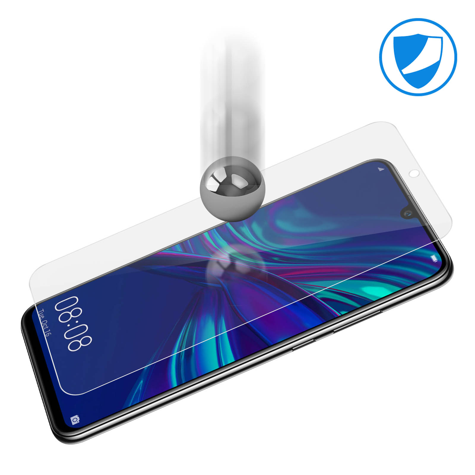 Un telefono con una protezione per lo schermo e una sfera d'argento che ci cade sopra, con un logo a scudo.